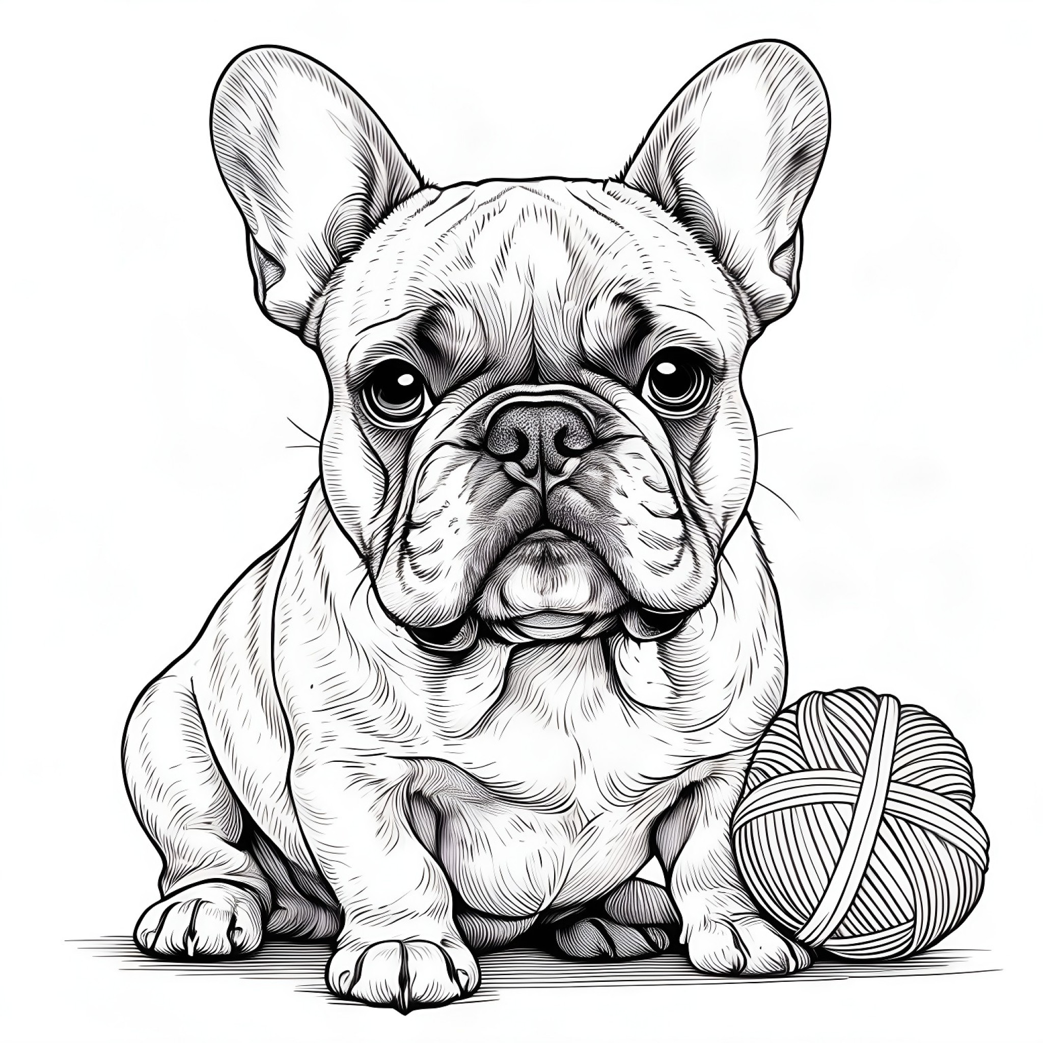 French Bulldog with a ball Coloring Page (free black-and-white line drawing printable PDF for all, from beginners to advanced learners, including children, teens, adults, and seniors)