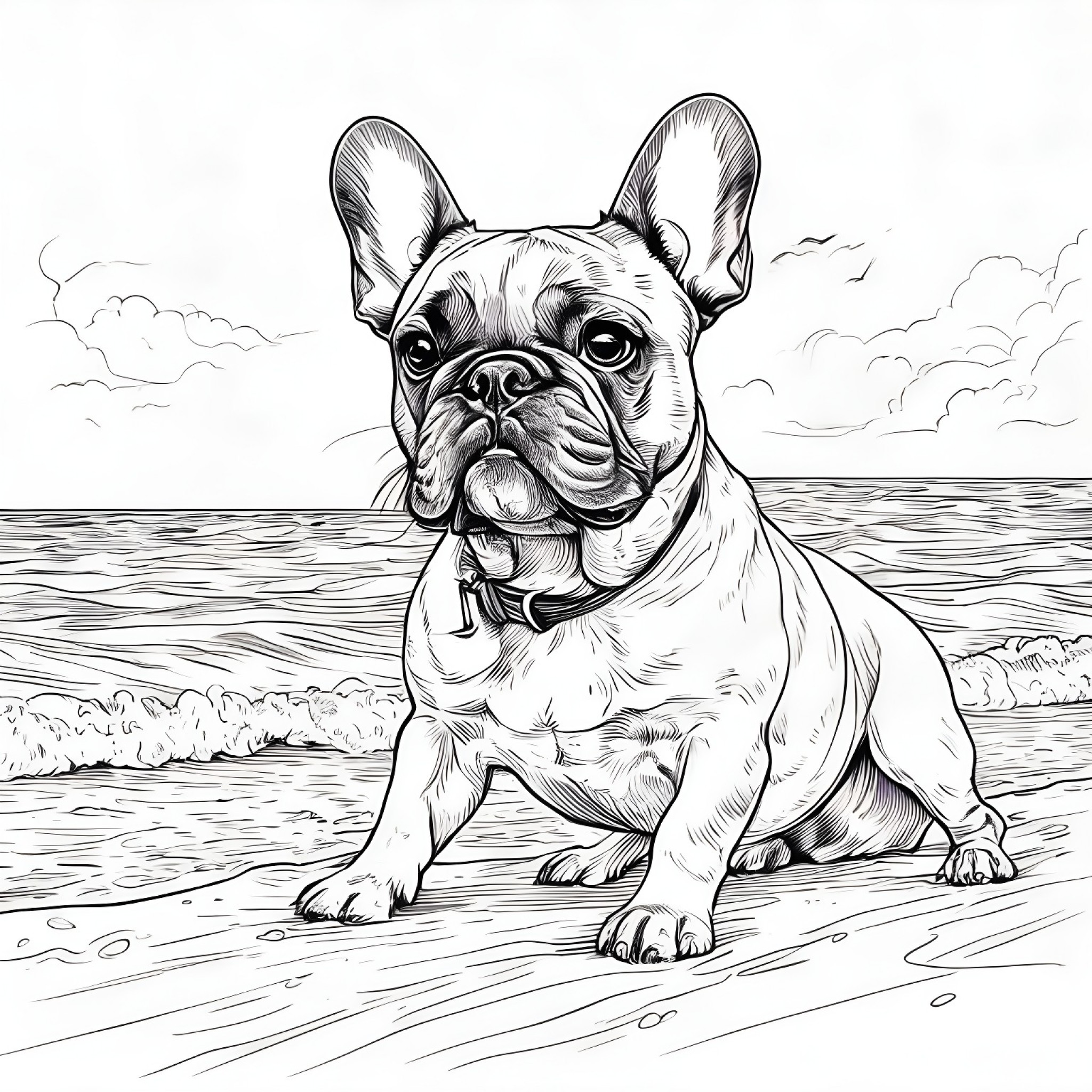 French Bulldog enjoying a day at the beach Coloring Page (free black-and-white line drawing printable PDF for all, from beginners to advanced learners, including children, teens, adults, and seniors)