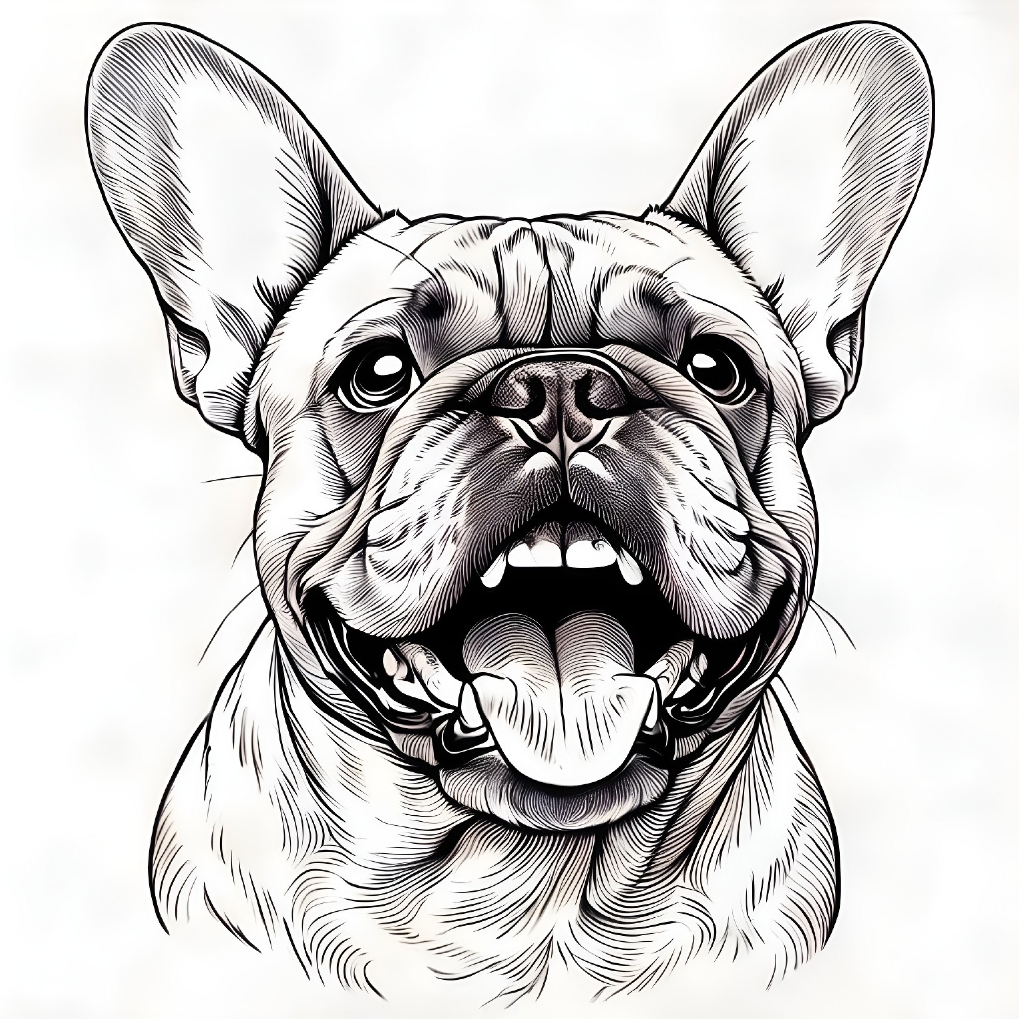 French Bulldog with a big smile Coloring Page (free black-and-white line drawing printable PDF for all, from beginners to advanced learners, including children, teens, adults, and seniors)