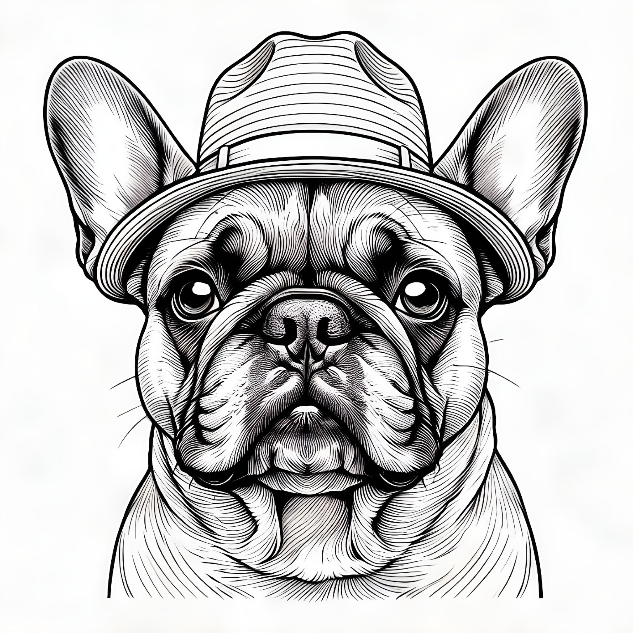 French Bulldog in a detective hat Coloring Page (free black-and-white line drawing printable PDF for all, from beginners to advanced learners, including children, teens, adults, and seniors)
