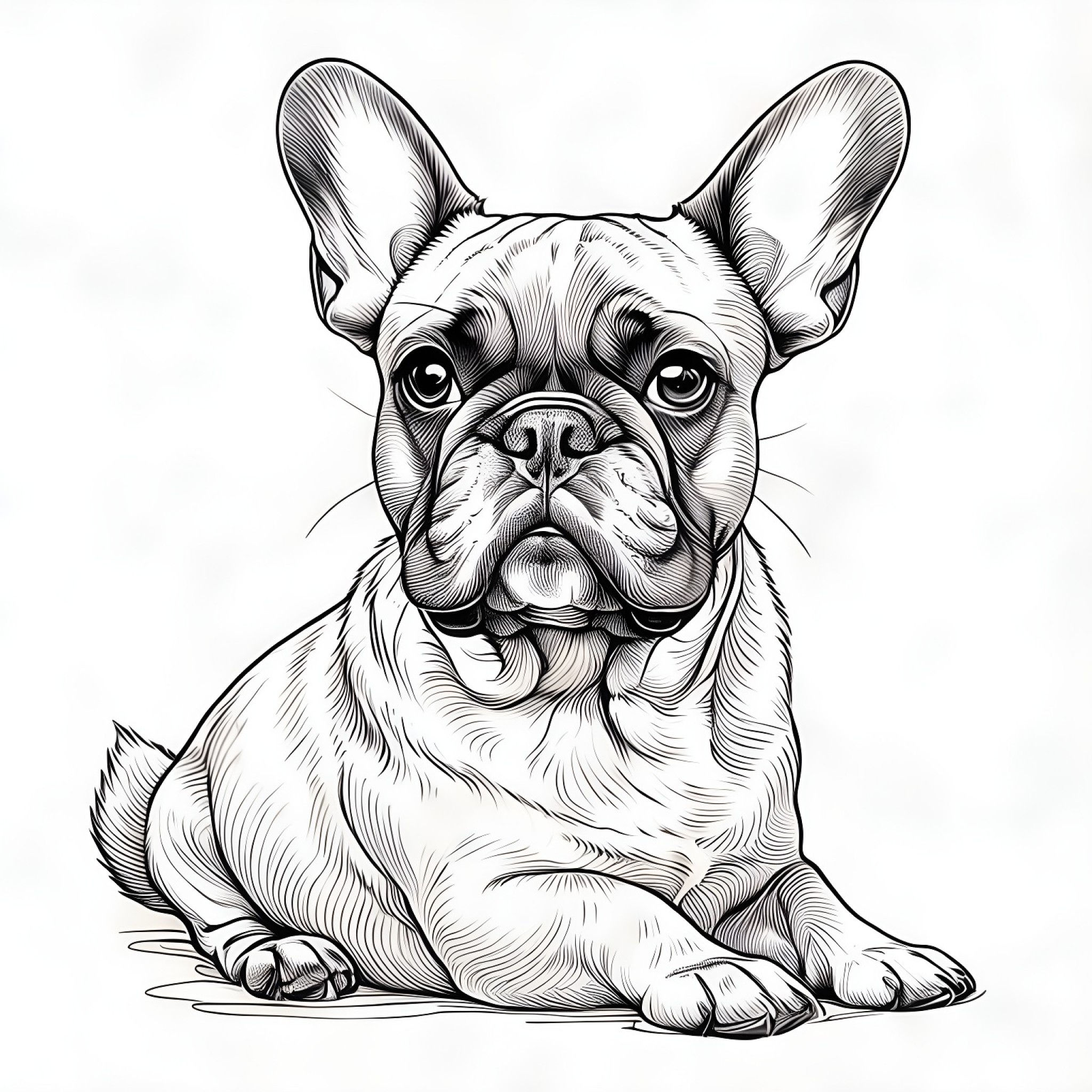 French Bulldog lying on floor Coloring Page (free black-and-white line drawing printable PDF for all, from beginners to advanced learners, including children, teens, adults, and seniors)