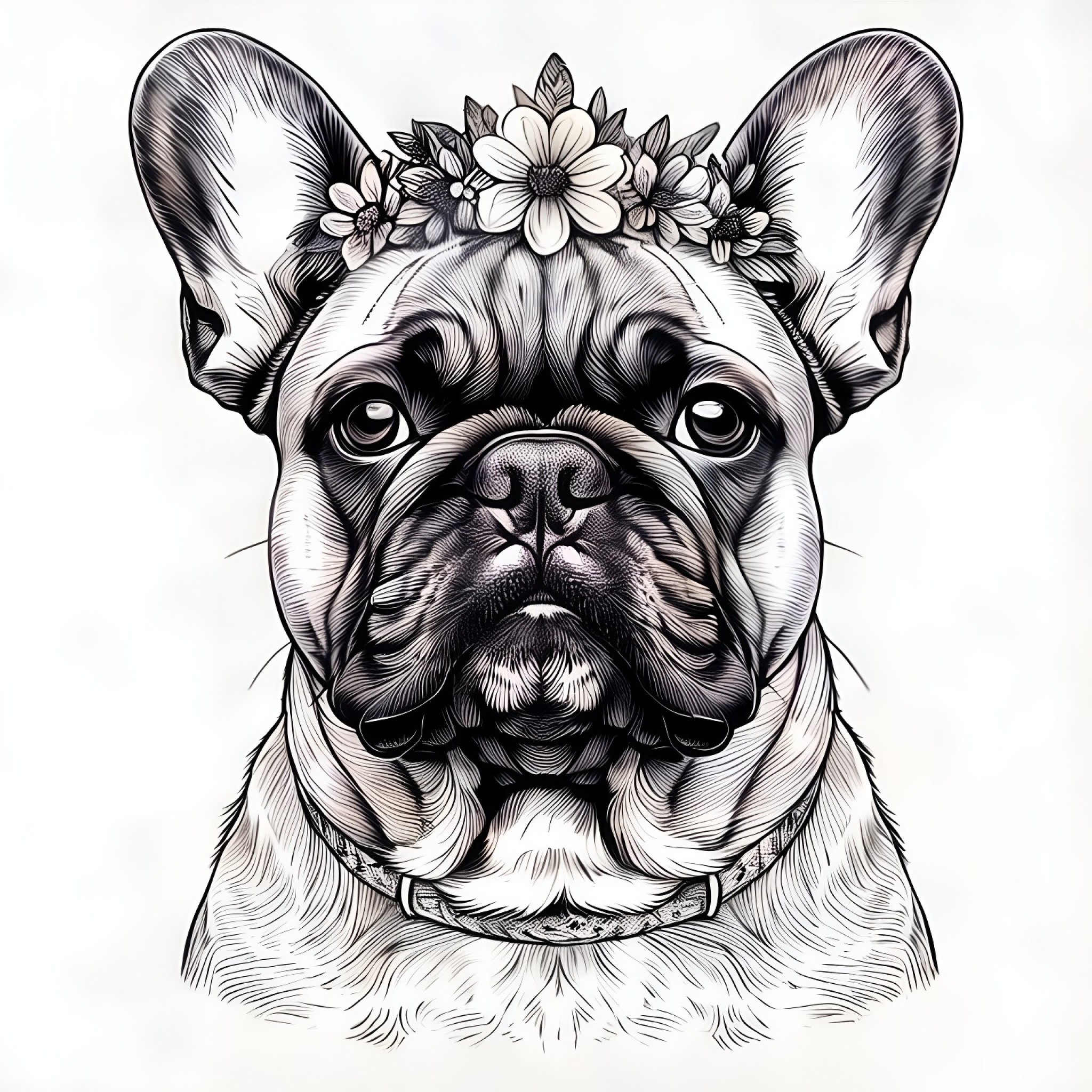 French Bulldog wearing a flower crown Coloring Page (free black-and-white line drawing printable PDF for all, from beginners to advanced learners, including children, teens, adults, and seniors)