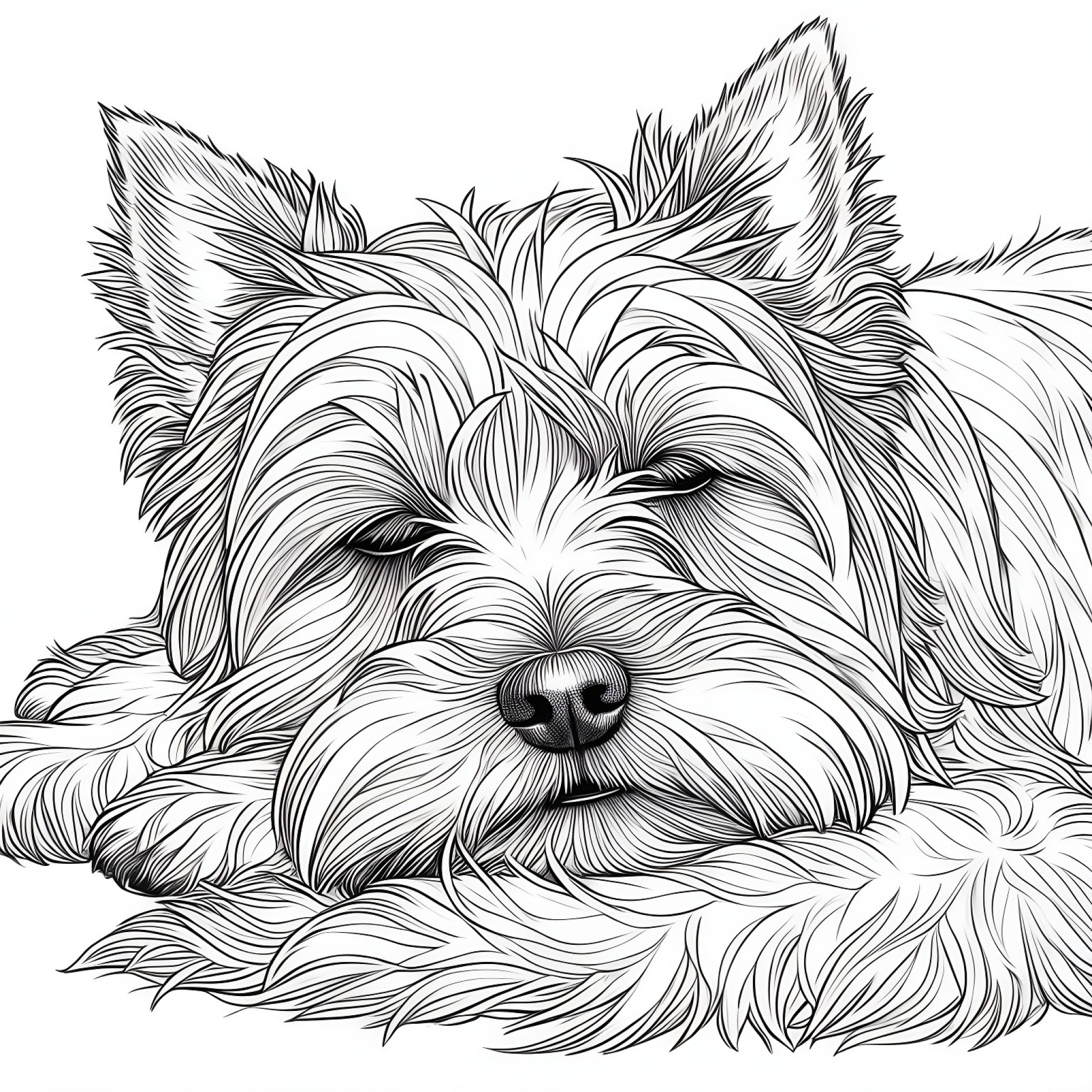 Yorkshire Terrier sleeping peacefully Coloring Page (free black-and-white line drawing printable PDF for all, from beginners to advanced learners, including children, teens, adults, and seniors)