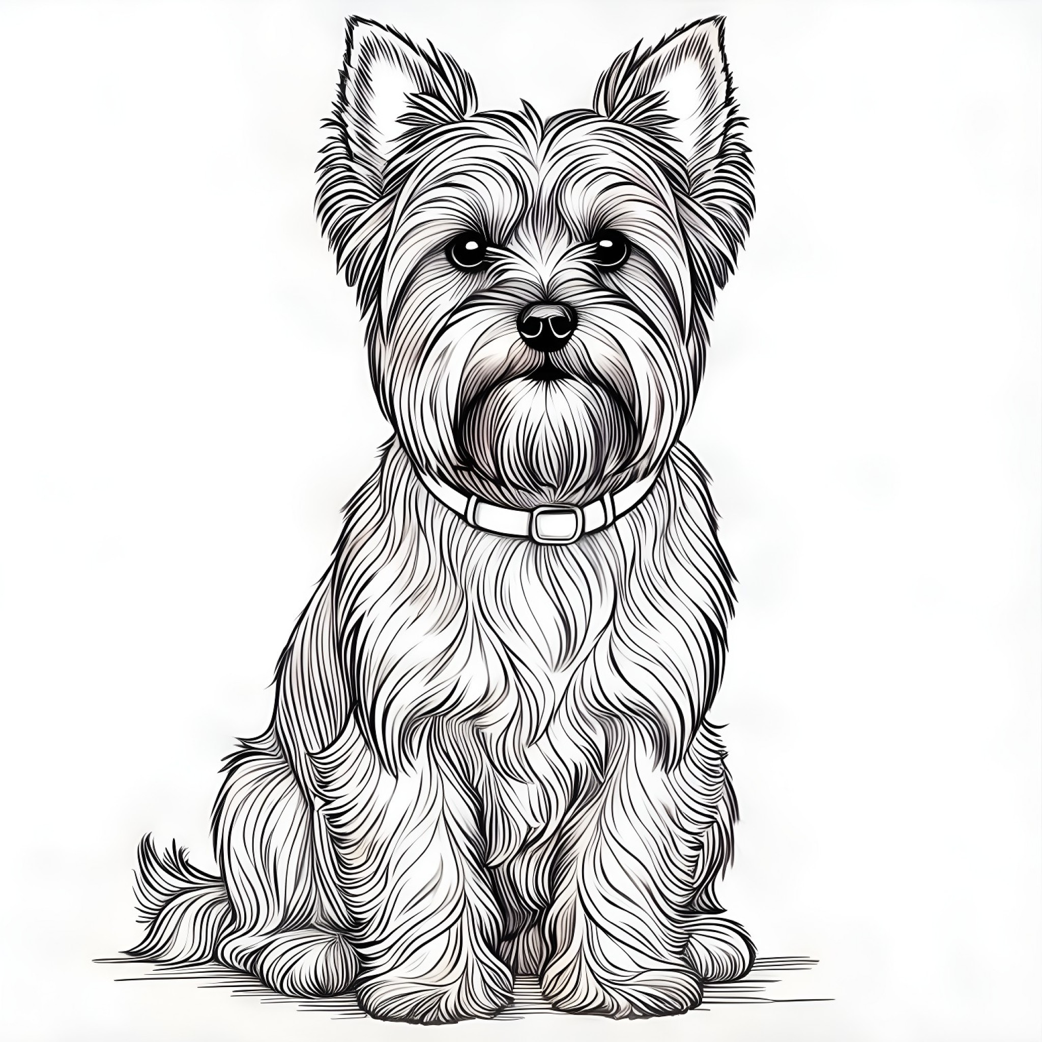 Yorkshire Terrier sitting patiently Coloring Page (free black-and-white line drawing printable PDF for all, from beginners to advanced learners, including children, teens, adults, and seniors)