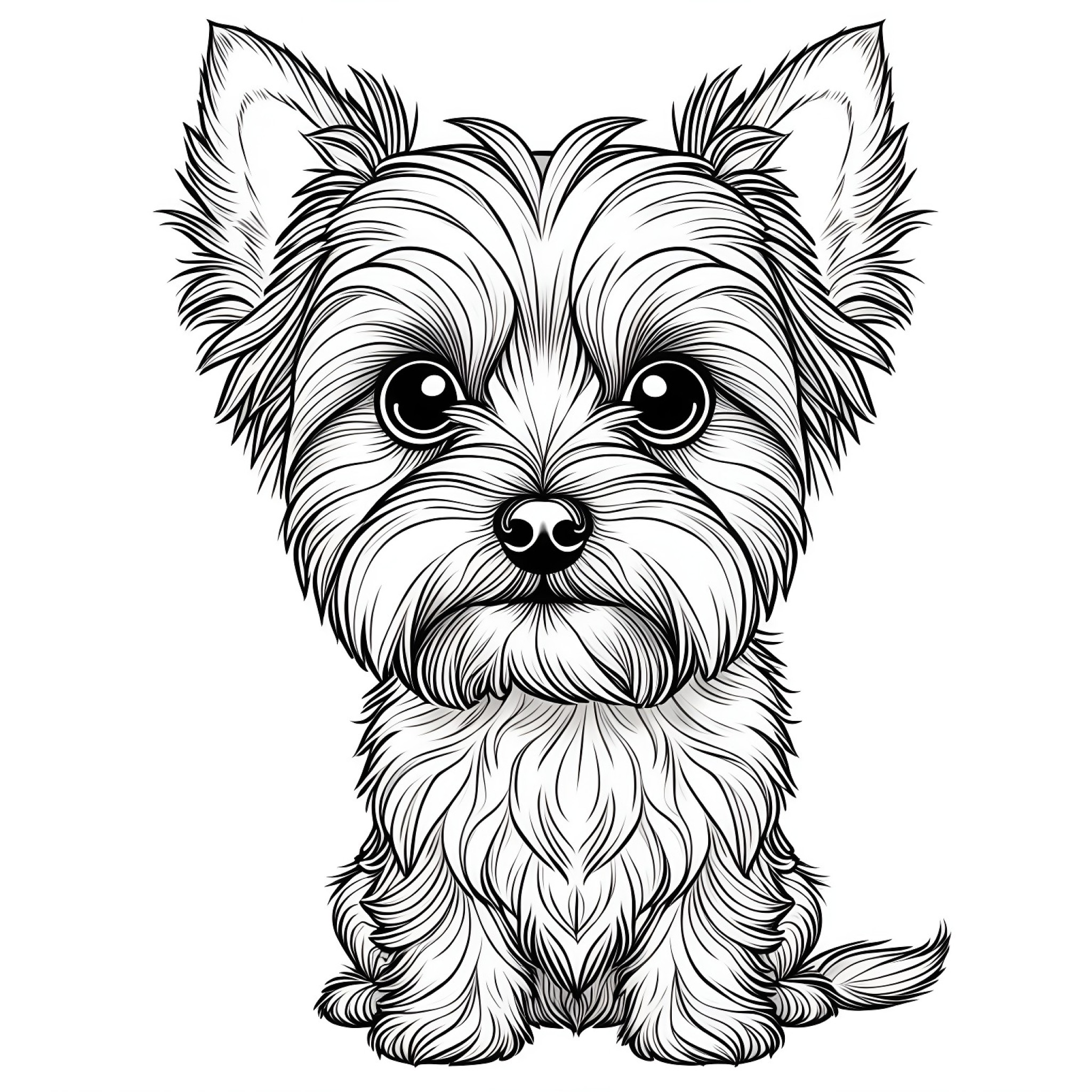 Yorkshire Terrier looking curious Coloring Page (free black-and-white line drawing printable PDF for all, from beginners to advanced learners, including children, teens, adults, and seniors)