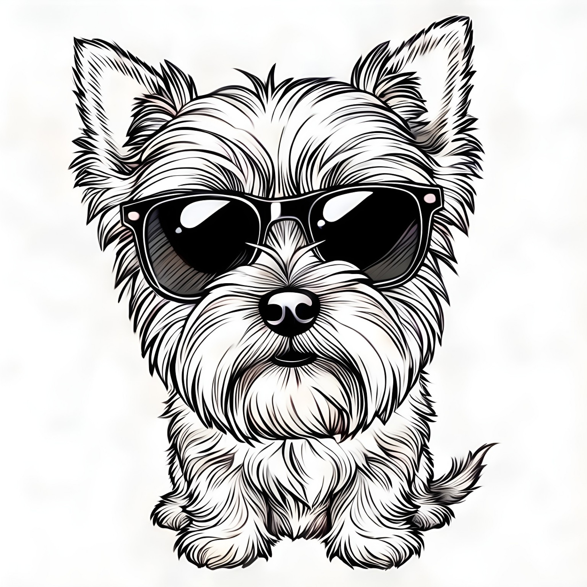 Yorkshire Terrier wearing sunglasses Coloring Page (free black-and-white line drawing printable PDF for all, from beginners to advanced learners, including children, teens, adults, and seniors)