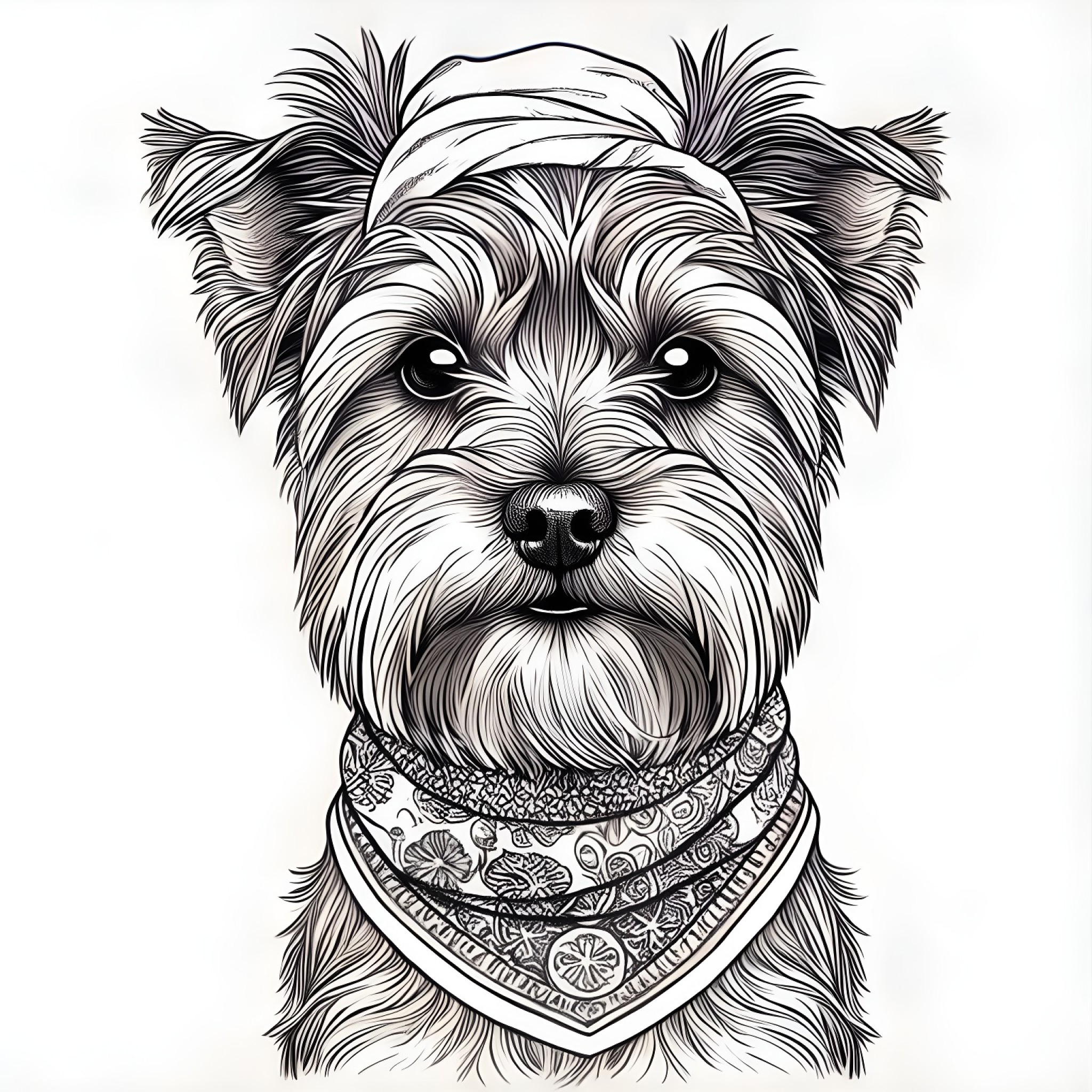 Yorkshire Terrier with a bandana Coloring Page (free black-and-white line drawing printable PDF for all, from beginners to advanced learners, including children, teens, adults, and seniors)