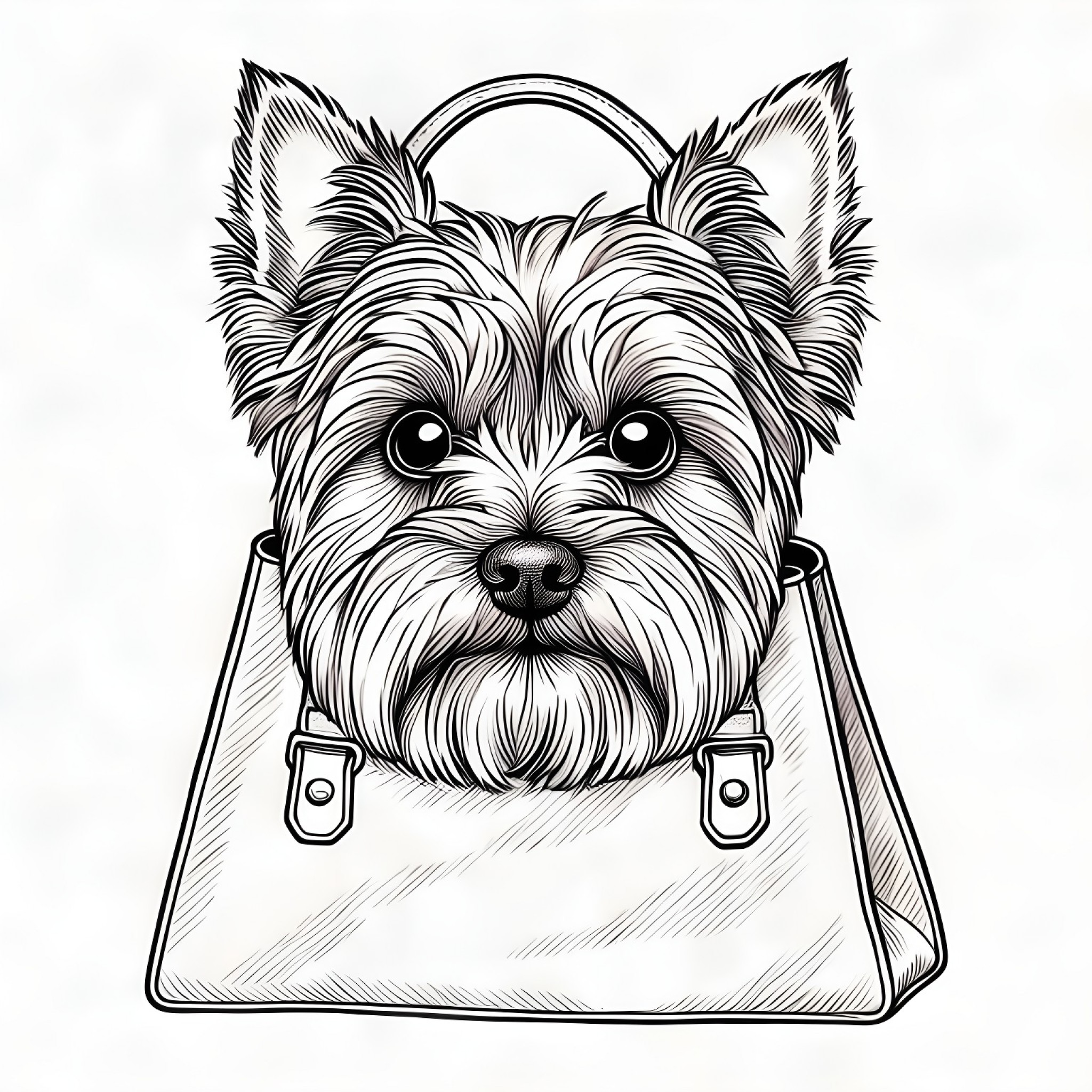 Yorkshire Terrier peeking from a bag Coloring Page (free black-and-white line drawing printable PDF for all, from beginners to advanced learners, including children, teens, adults, and seniors)