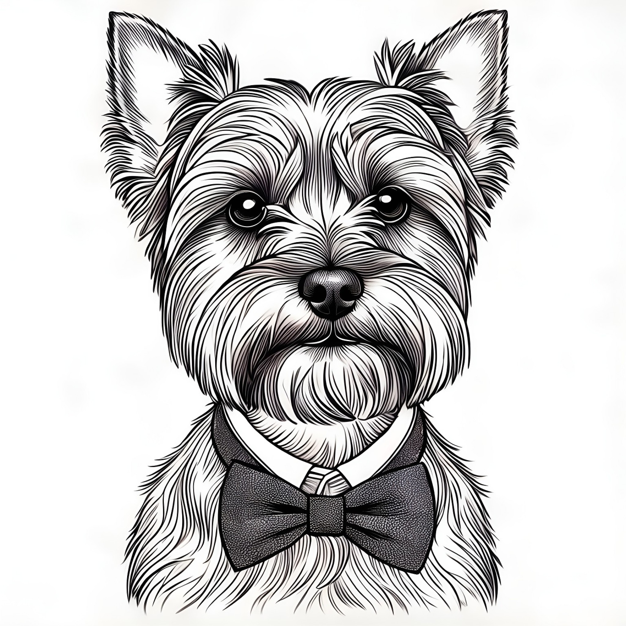 Yorkshire Terrier with a bow tie Coloring Page (free black-and-white line drawing printable PDF for all, from beginners to advanced learners, including children, teens, adults, and seniors)