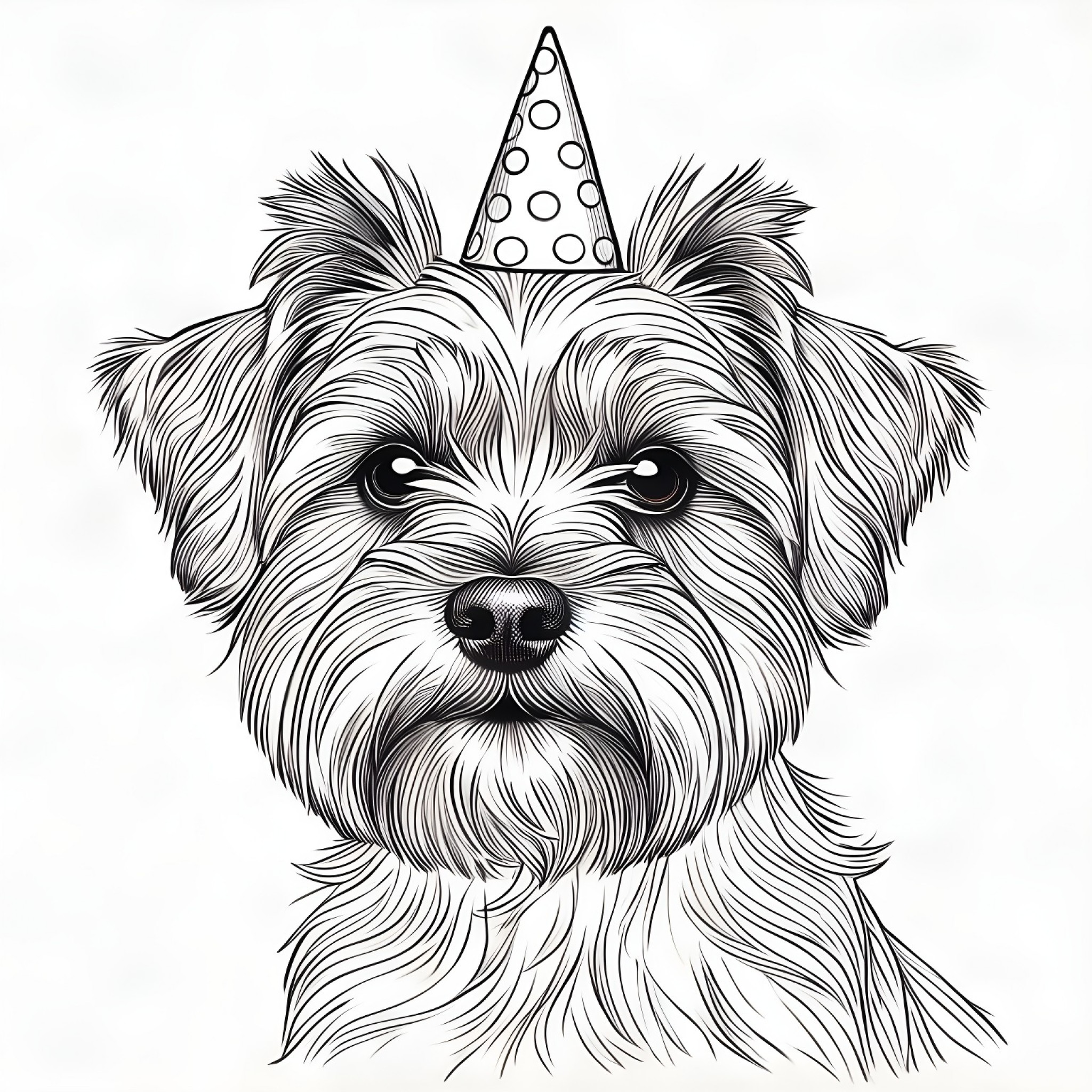 Yorkshire Terrier in a party hat Coloring Page (free black-and-white line drawing printable PDF for all, from beginners to advanced learners, including children, teens, adults, and seniors)