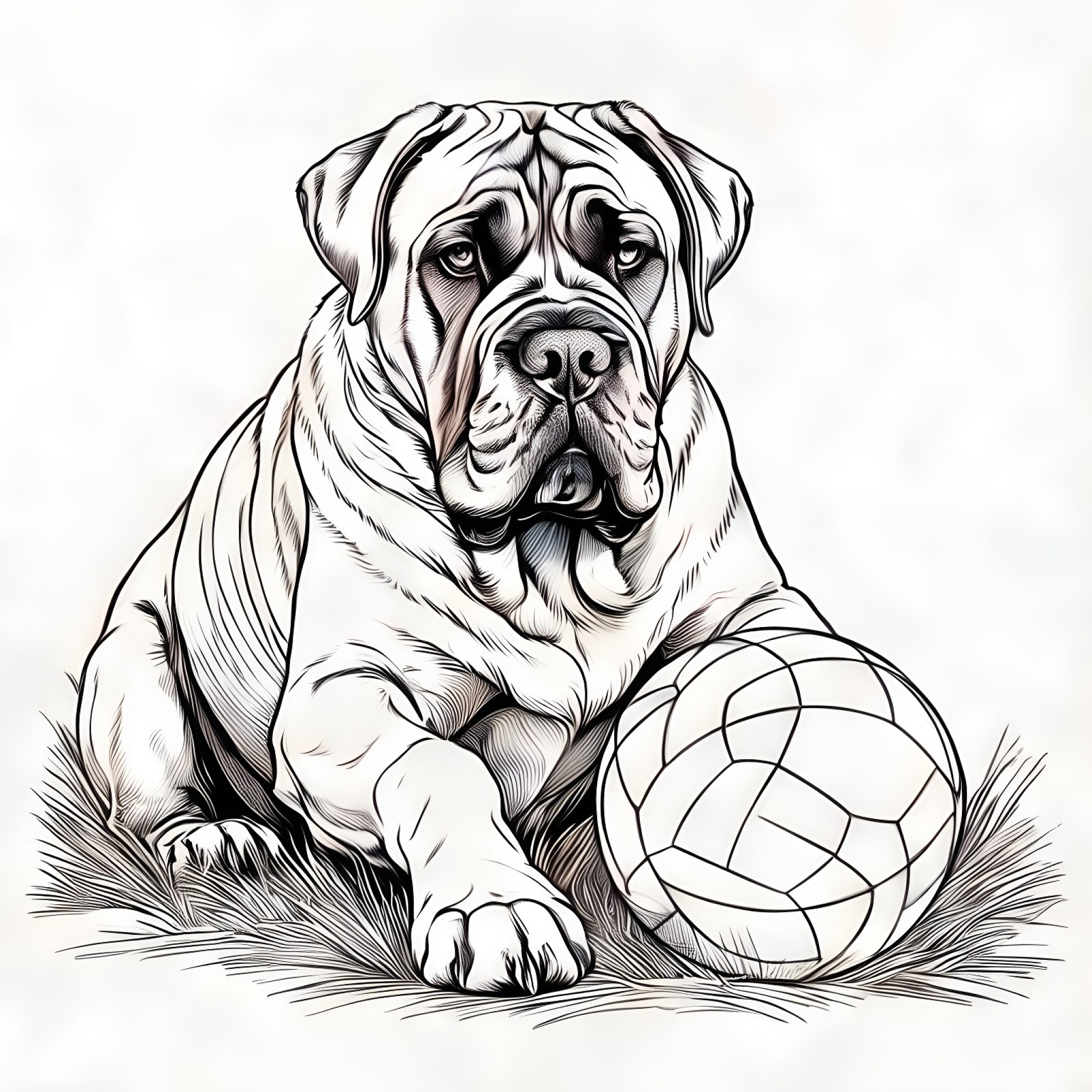 Mastiff with a ball Coloring Page (free black-and-white line drawing printable PDF for all, from beginners to advanced learners, including children, teens, adults, and seniors)