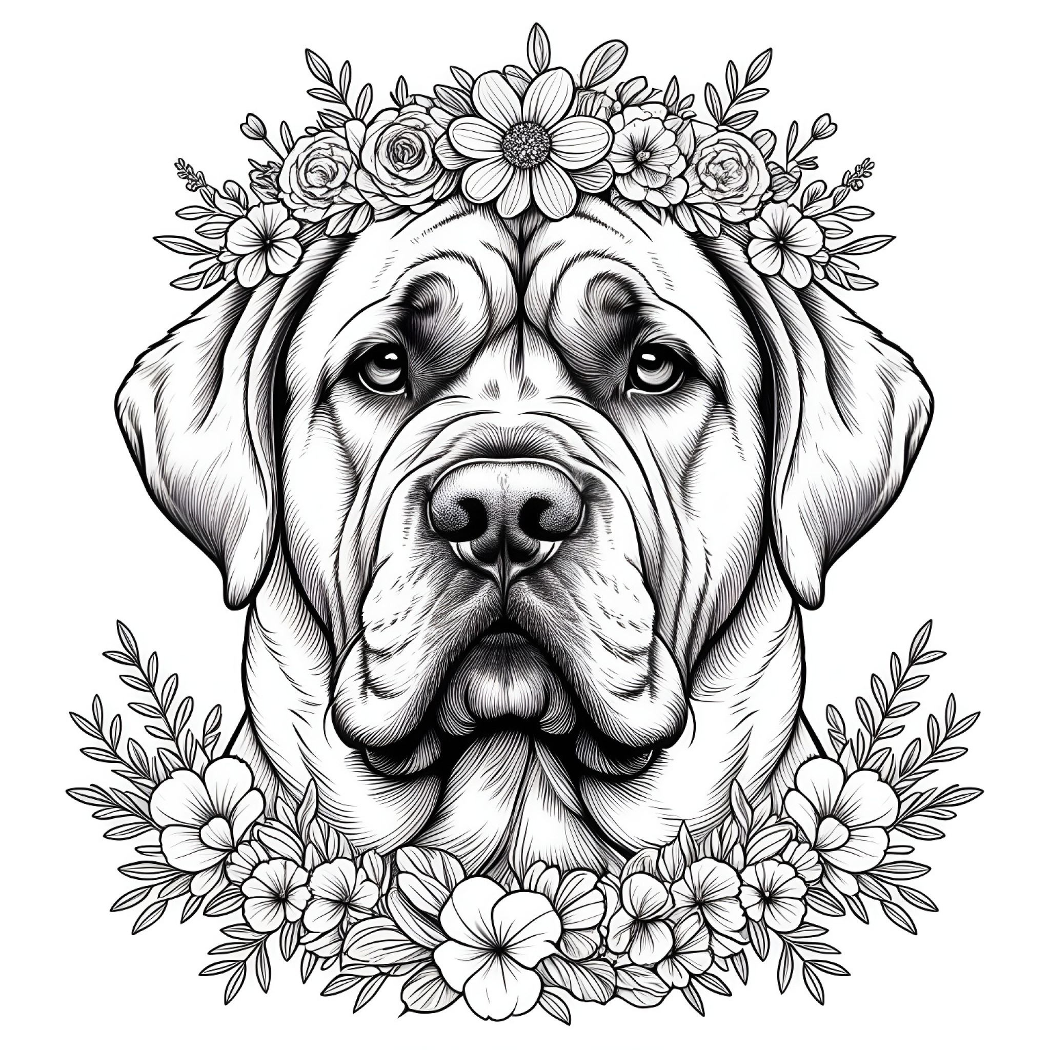 Mastiff with a flower crown Coloring Page (free black-and-white line drawing printable PDF for all, from beginners to advanced learners, including children, teens, adults, and seniors)