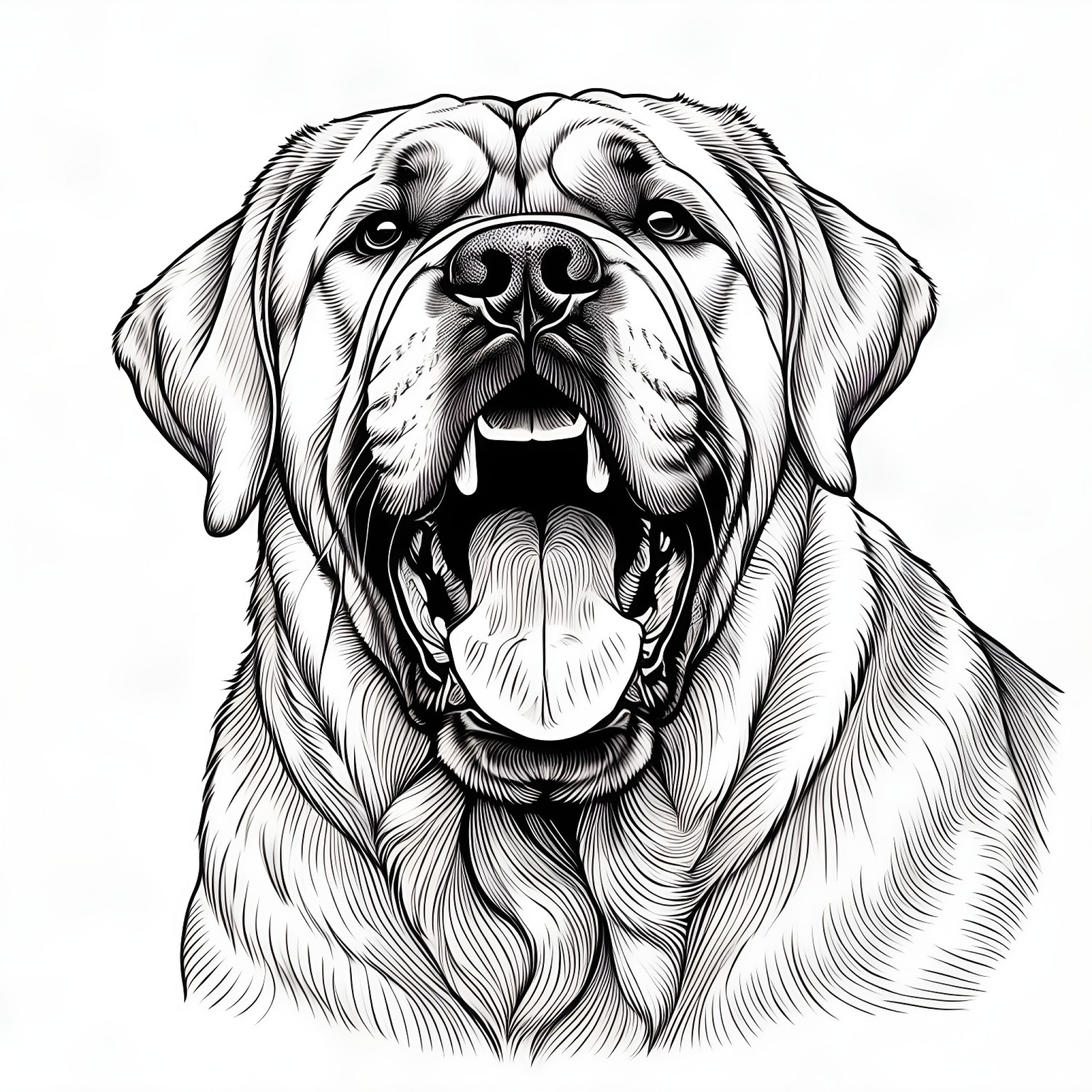 Mastiff with a big yawn Coloring Page (free black-and-white line drawing printable PDF for all, from beginners to advanced learners, including children, teens, adults, and seniors)