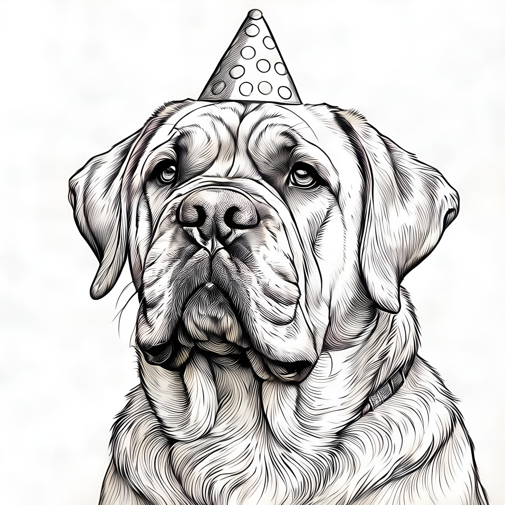 Mastiff with a party hat Coloring Page (free black-and-white line drawing printable PDF for all, from beginners to advanced learners, including children, teens, adults, and seniors)