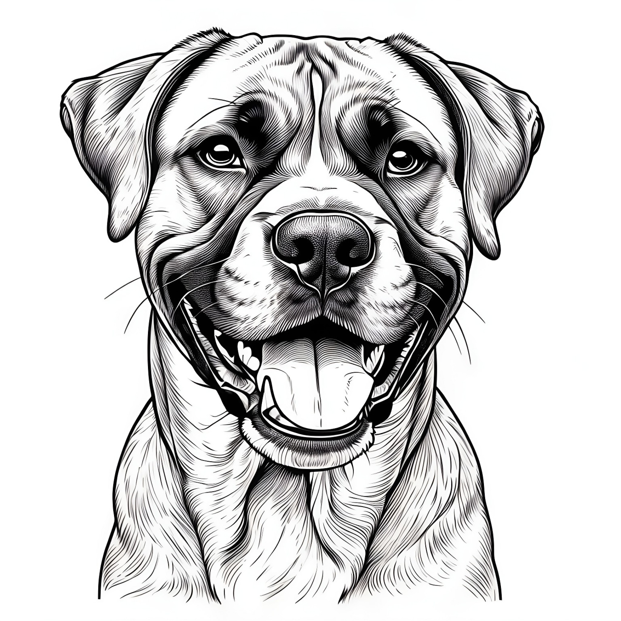 Boxer Dog Smiling Coloring Page (free black-and-white line drawing printable PDF for all, from beginners to advanced learners, including children, teens, adults, and seniors)