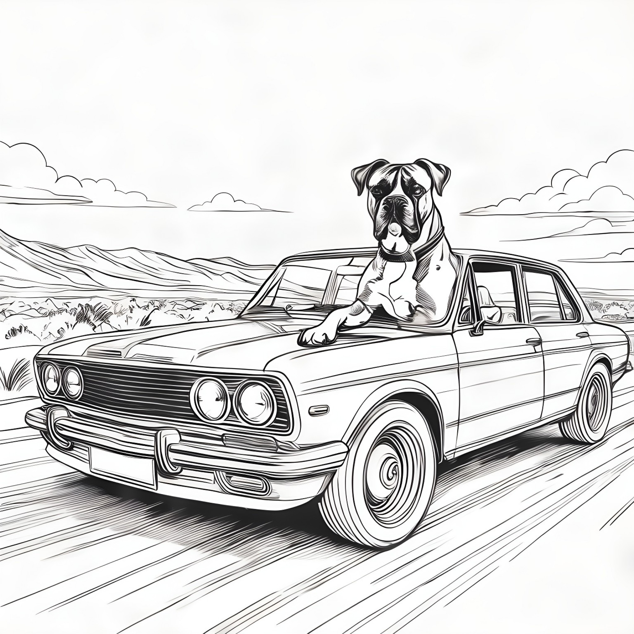 Boxer Dog Riding in a Car Coloring Page (free black-and-white line drawing printable PDF for all, from beginners to advanced learners, including children, teens, adults, and seniors)