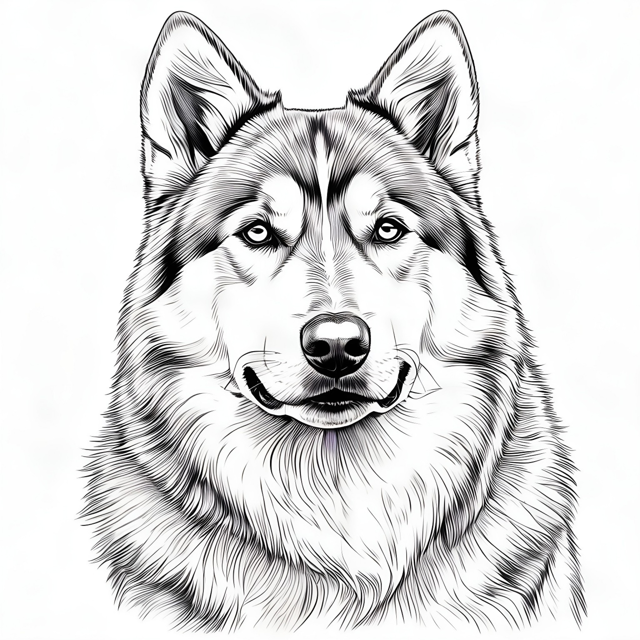 Siberian Husky posing like a model Coloring Page (free black-and-white line drawing printable PDF for all, from beginners to advanced learners, including children, teens, adults, and seniors)