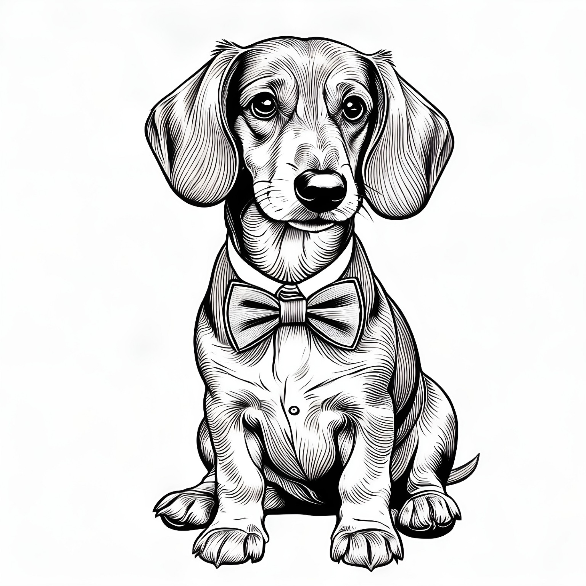 Dachshund wearing a bowtie Coloring Page (free black-and-white line drawing printable PDF for all, from beginners to advanced learners, including children, teens, adults, and seniors)