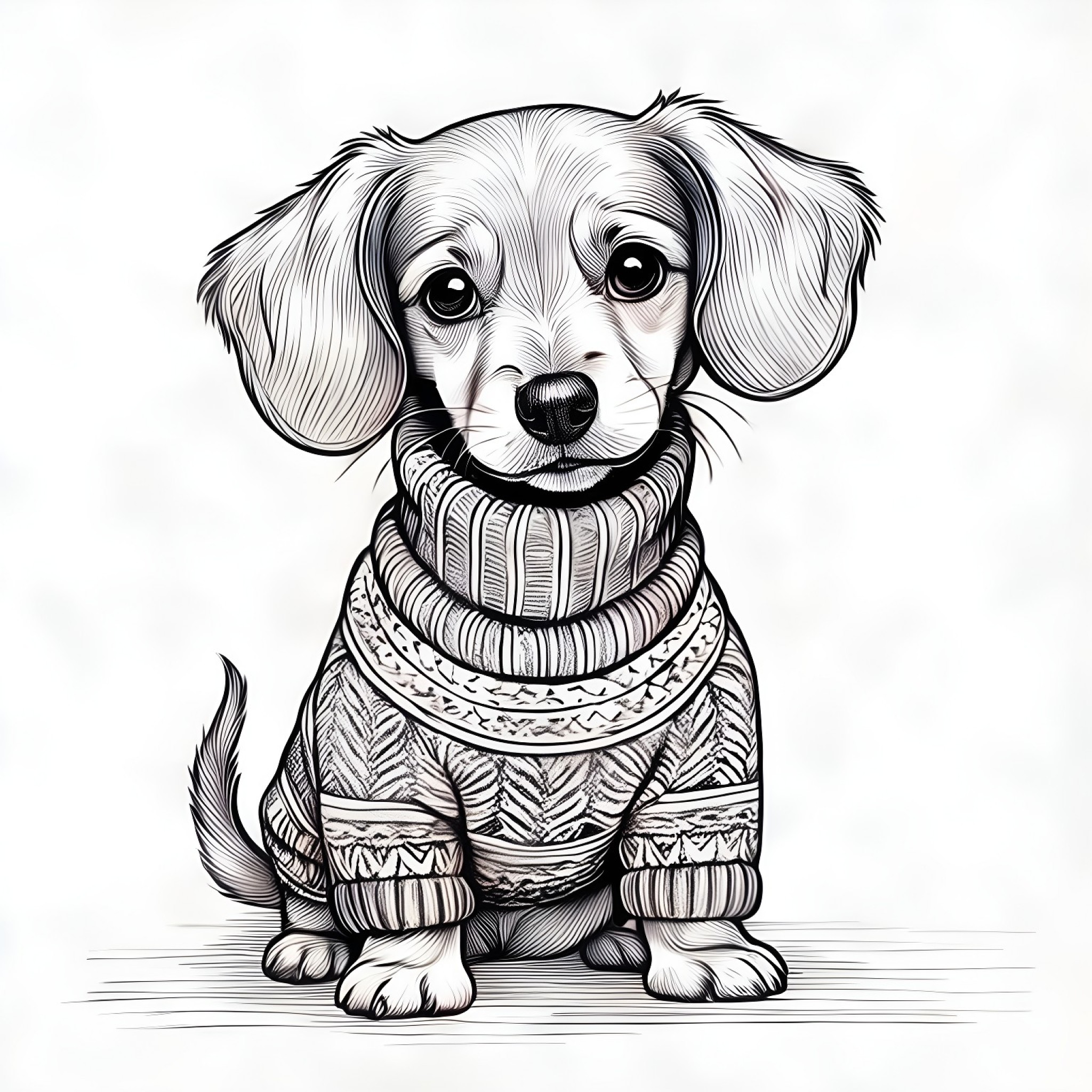 Dachshund in a cozy sweater Coloring Page (free black-and-white line drawing printable PDF for all, from beginners to advanced learners, including children, teens, adults, and seniors)