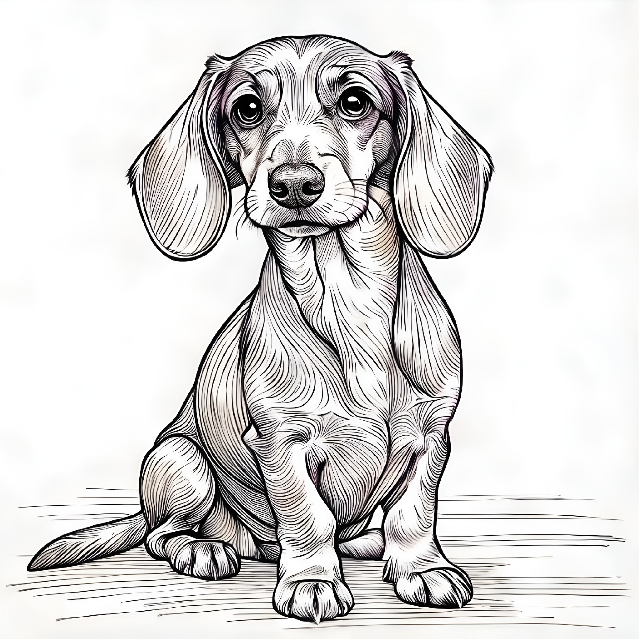 Dachshund looking curious Coloring Page (free black-and-white line drawing printable PDF for all, from beginners to advanced learners, including children, teens, adults, and seniors)