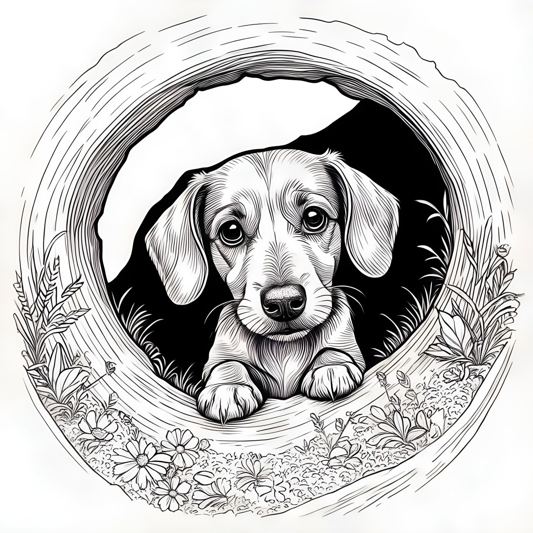 Dachshund peeking out of a burrow Coloring Page (free black-and-white line drawing printable PDF for all, from beginners to advanced learners, including children, teens, adults, and seniors)