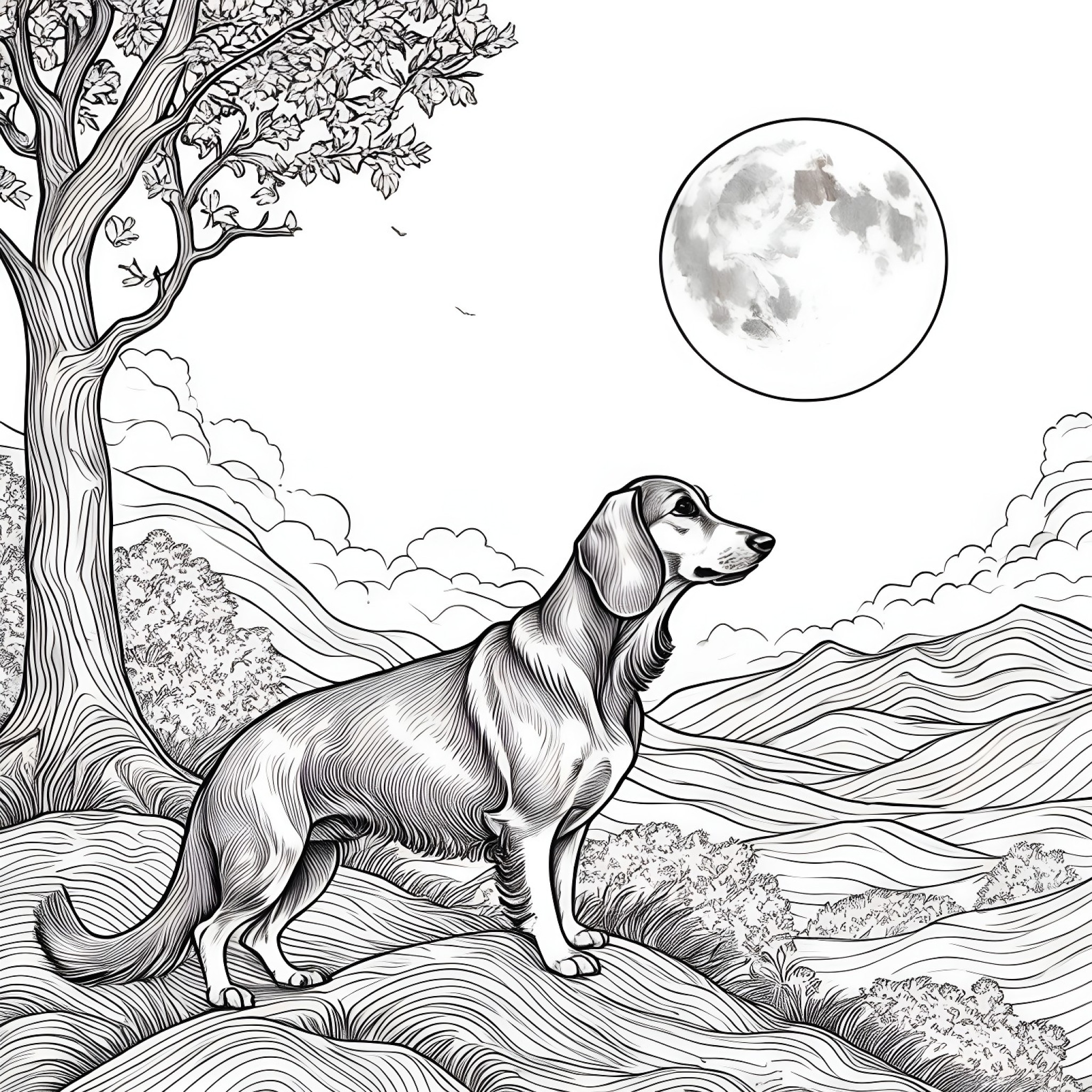 Dachshund looking at the moon Coloring Page (free black-and-white line drawing printable PDF for all, from beginners to advanced learners, including children, teens, adults, and seniors)