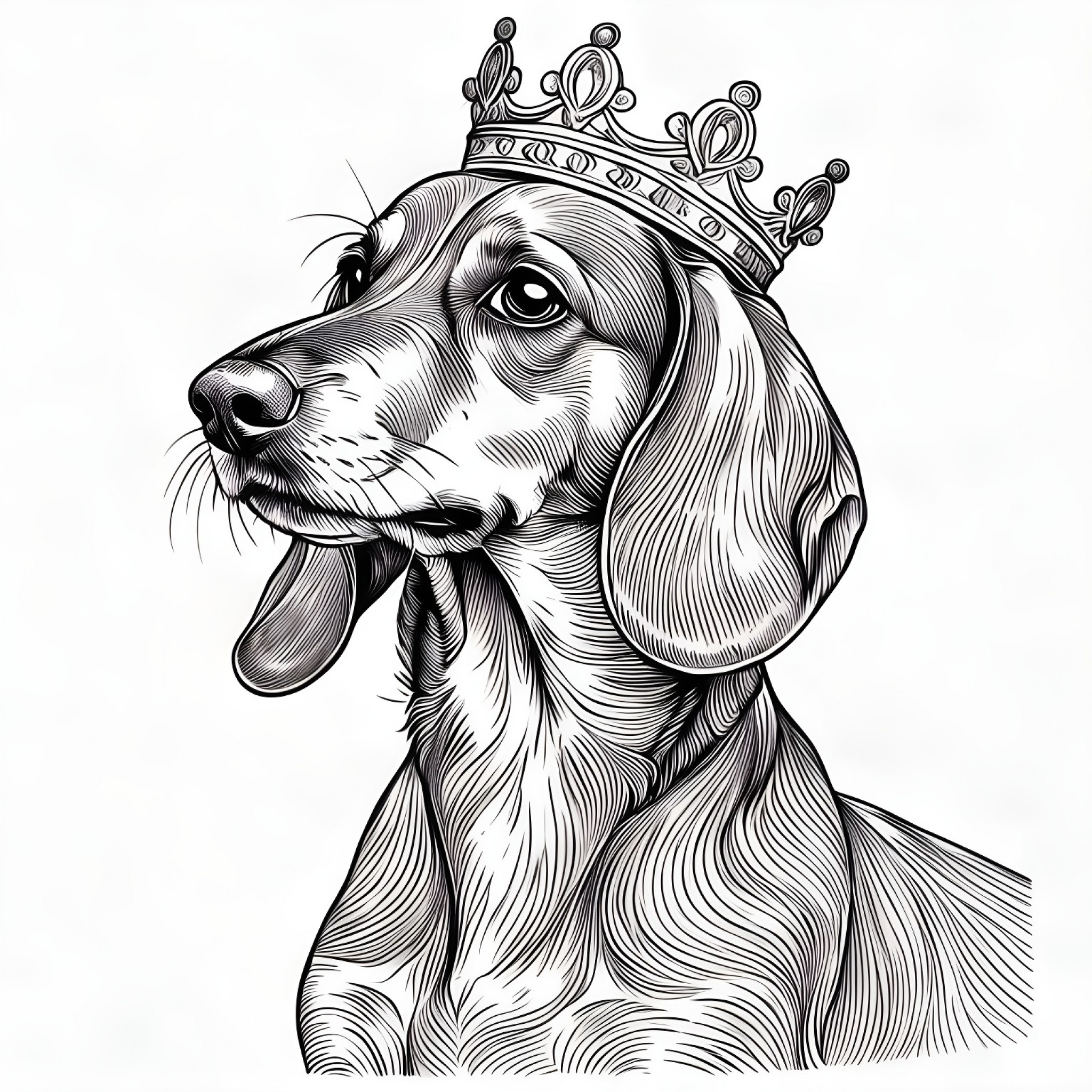 Dachshund with a crown Coloring Page (free black-and-white line drawing printable PDF for all, from beginners to advanced learners, including children, teens, adults, and seniors)
