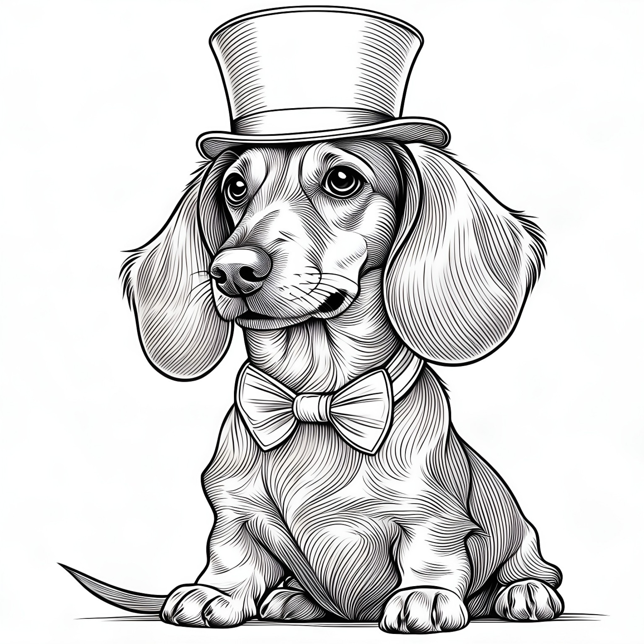 Dachshund with a top hat Coloring Page (free black-and-white line drawing printable PDF for all, from beginners to advanced learners, including children, teens, adults, and seniors)