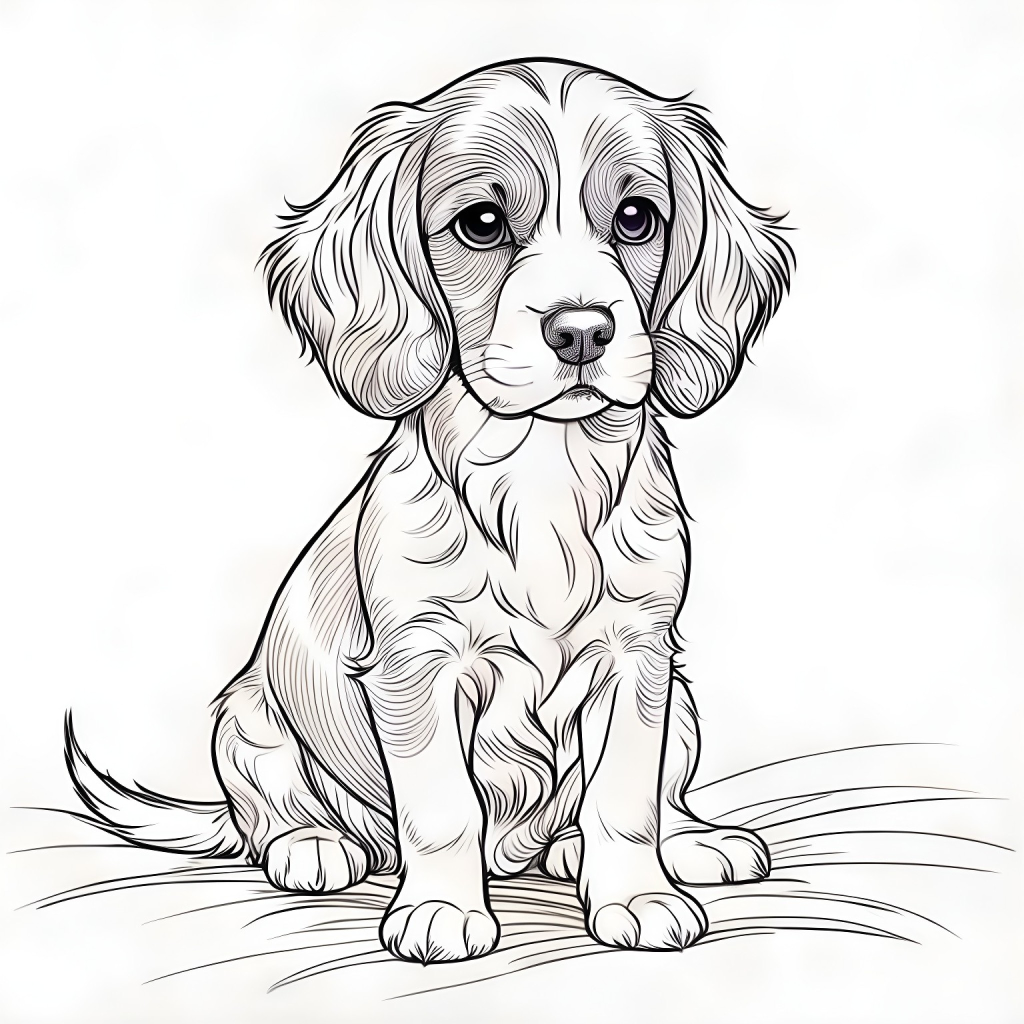 Brittany Spaniel sitting calmly Coloring Page (free black-and-white line drawing printable PDF for all, from beginners to advanced learners, including children, teens, adults, and seniors)
