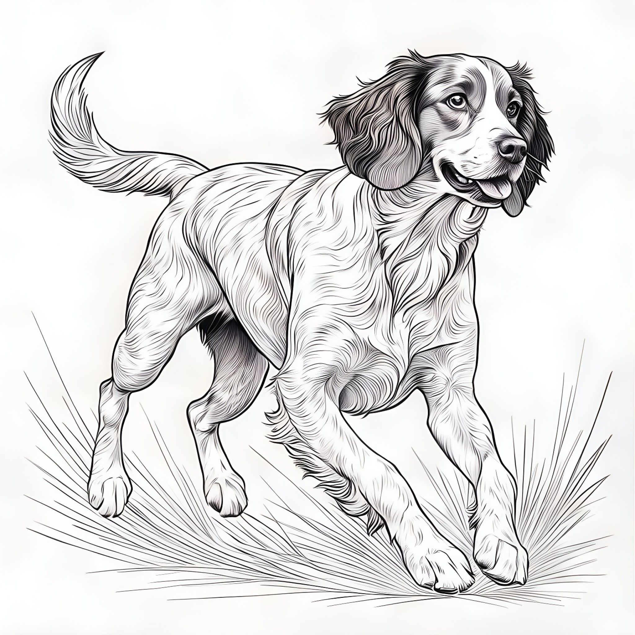 Brittany Spaniel running energetically Coloring Page (free black-and-white line drawing printable PDF for all, from beginners to advanced learners, including children, teens, adults, and seniors)