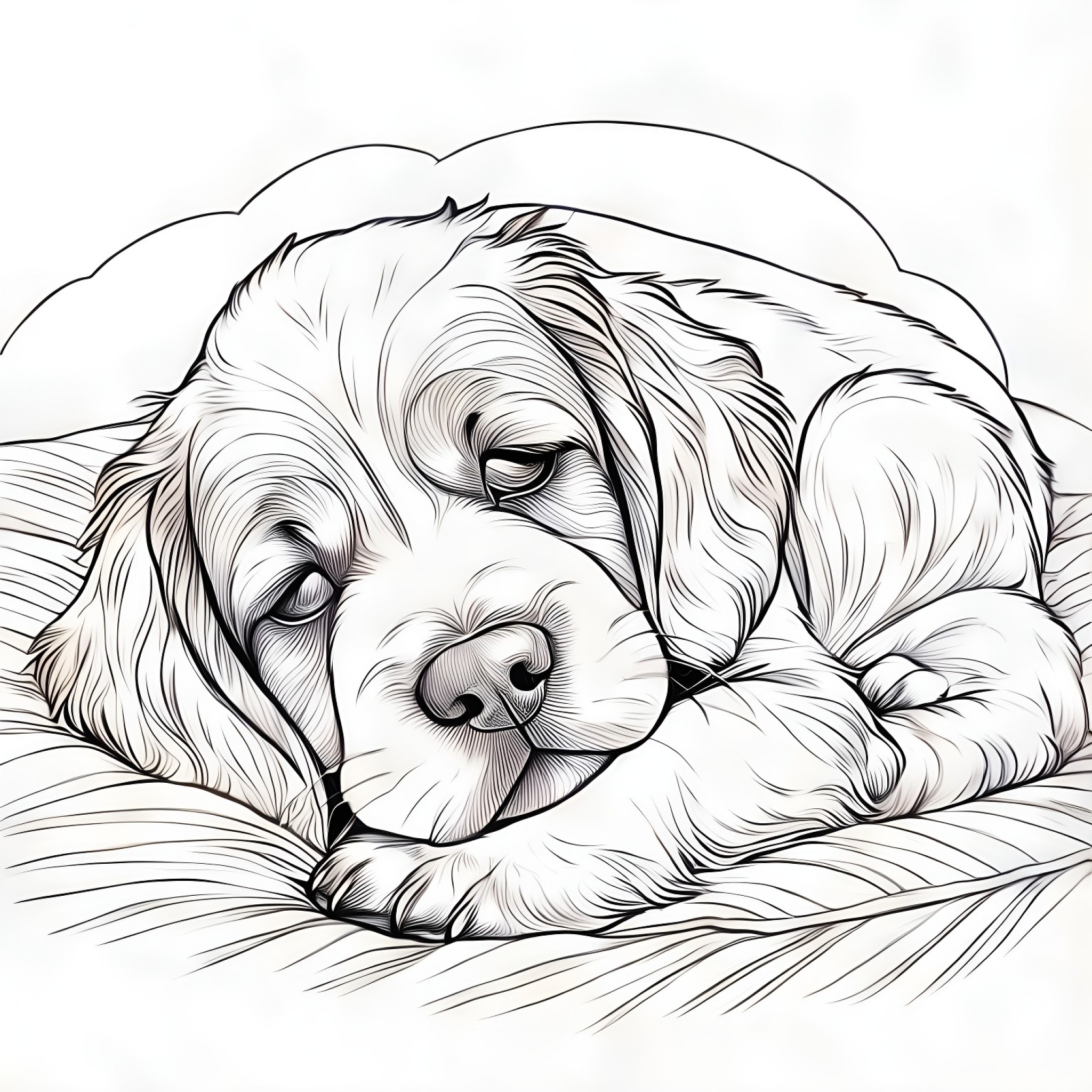 Brittany Spaniel sleeping peacefully Coloring Page (free black-and-white line drawing printable PDF for all, from beginners to advanced learners, including children, teens, adults, and seniors)