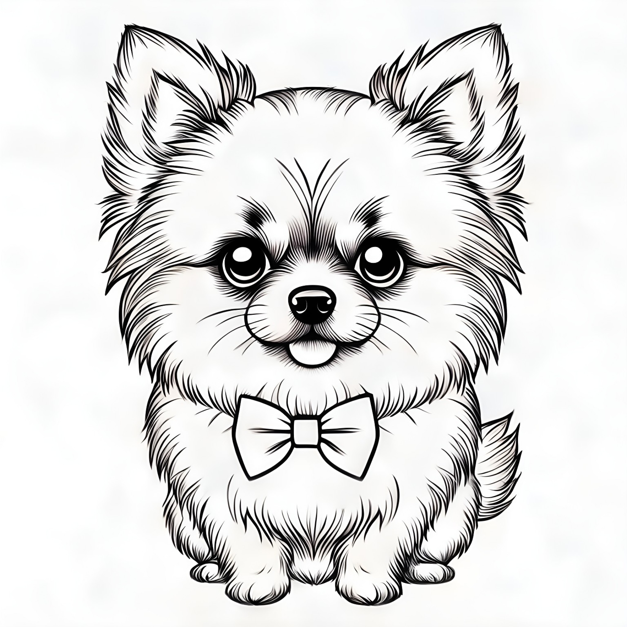 Pomeranian with bow tie Coloring Page (free black-and-white line drawing printable PDF for all, from beginners to advanced learners, including children, teens, adults, and seniors)