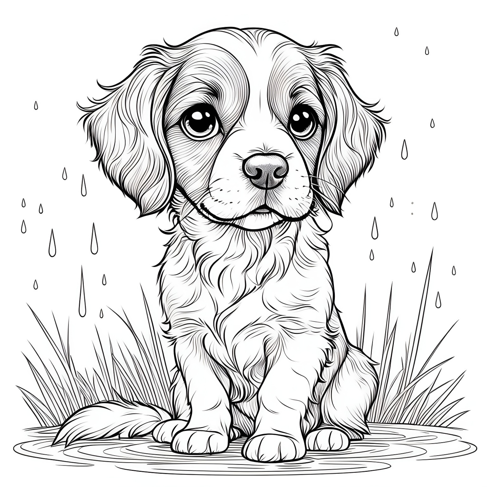 Brittany Spaniel in the rain Coloring Page (free black-and-white line drawing printable PDF for all, from beginners to advanced learners, including children, teens, adults, and seniors)
