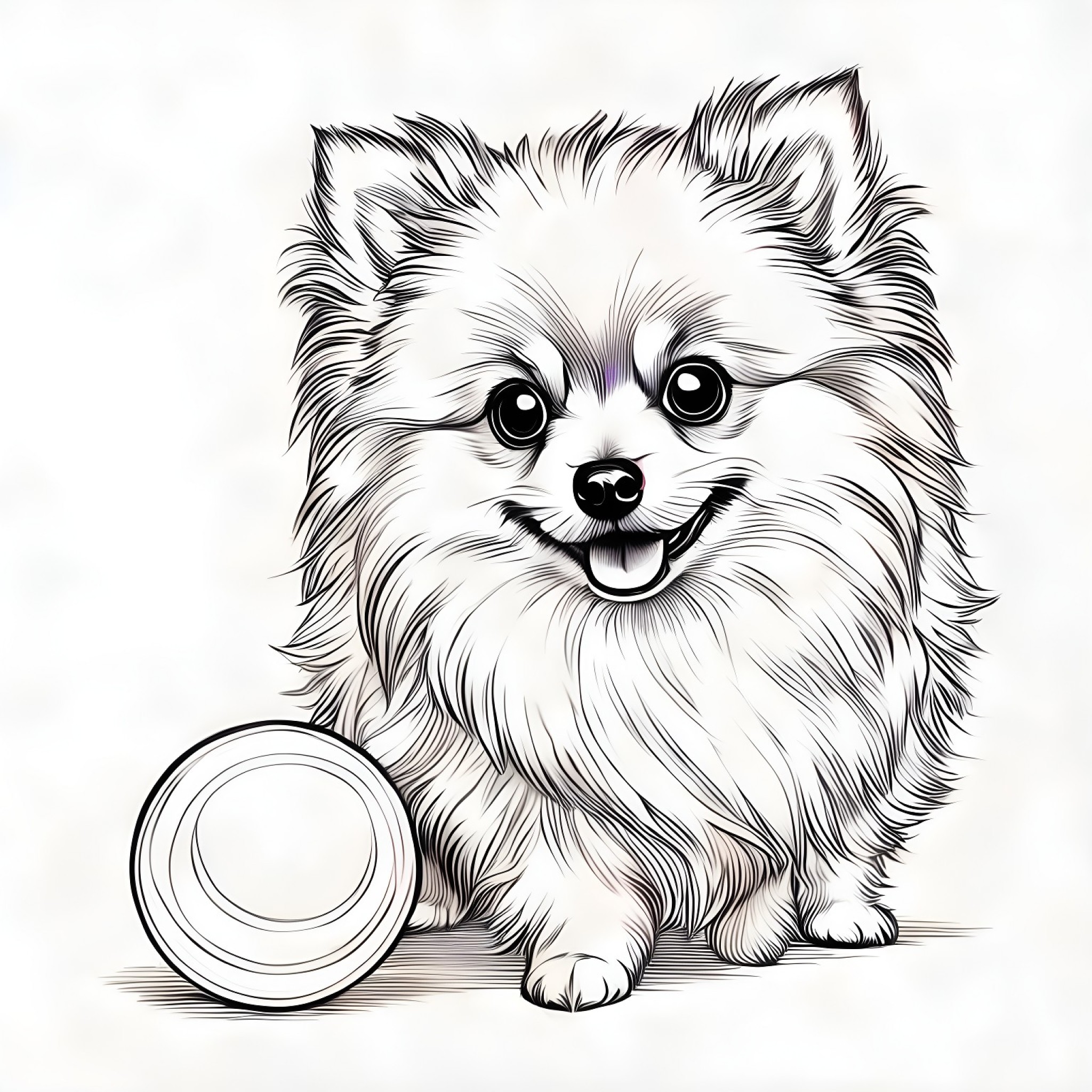 Pomeranian playing with a ball Coloring Page (free black-and-white line drawing printable PDF for all, from beginners to advanced learners, including children, teens, adults, and seniors)