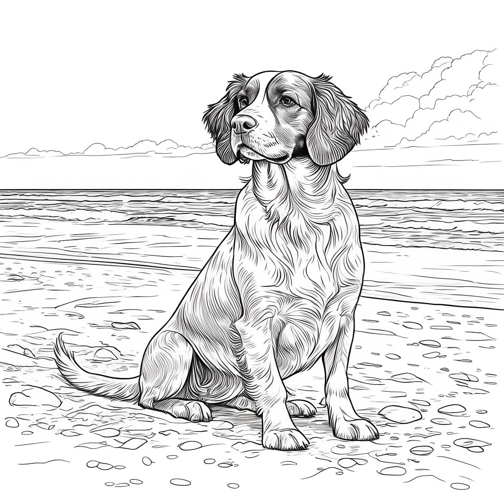 Brittany Spaniel at the beach Coloring Page (free black-and-white line drawing printable PDF for all, from beginners to advanced learners, including children, teens, adults, and seniors)