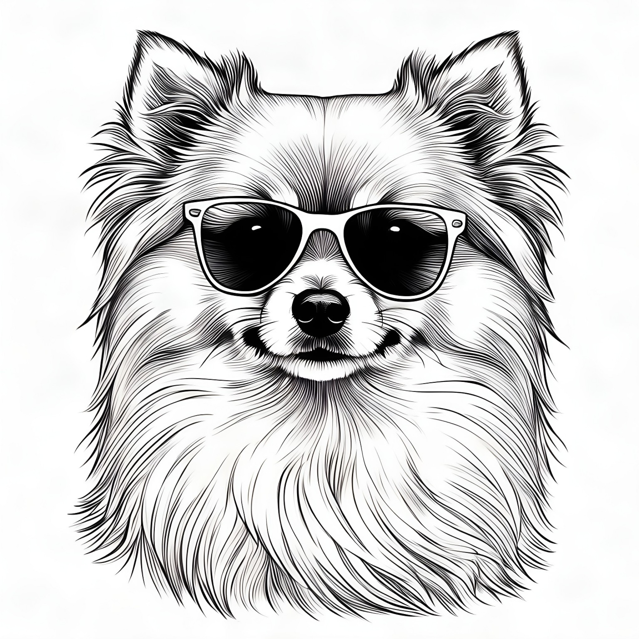 Pomeranian with sunglasses Coloring Page (free black-and-white line drawing printable PDF for all, from beginners to advanced learners, including children, teens, adults, and seniors)