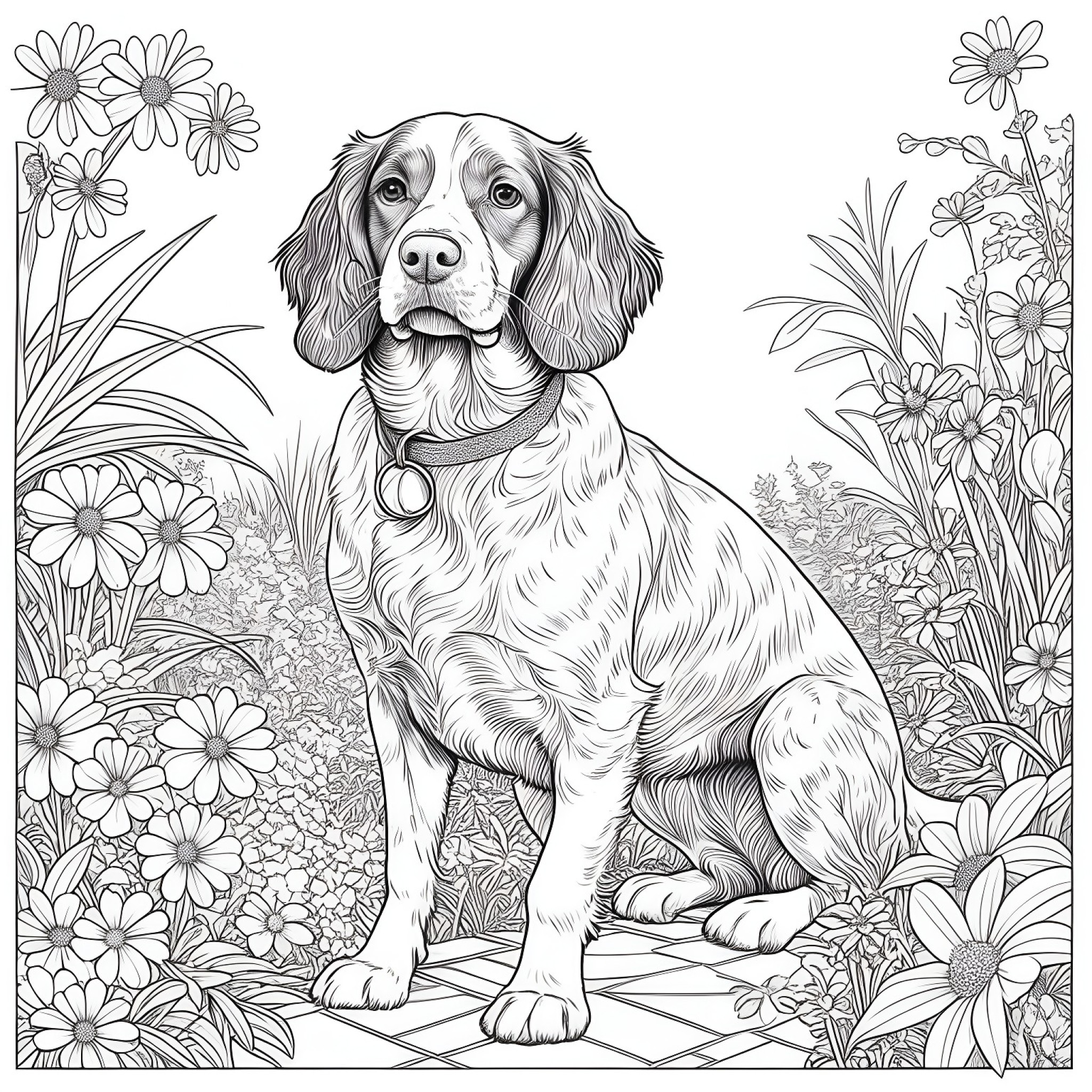 Brittany Spaniel in a garden Coloring Page (free black-and-white line drawing printable PDF for all, from beginners to advanced learners, including children, teens, adults, and seniors)