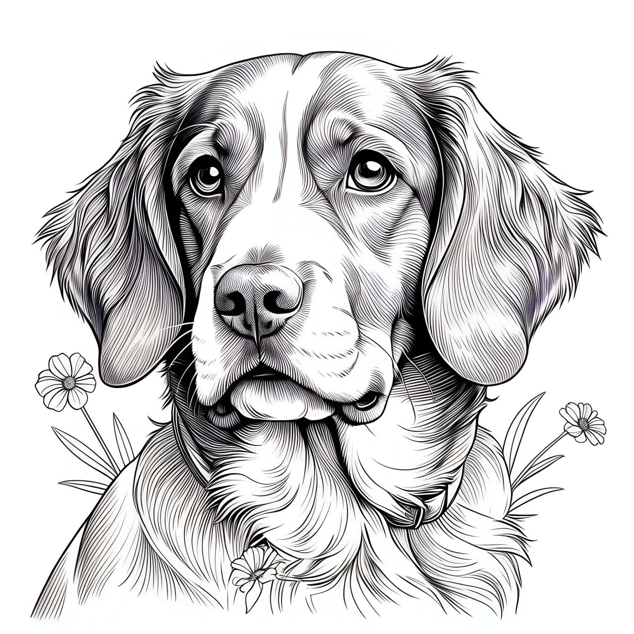 Brittany Spaniel with a flower Coloring Page (free black-and-white line drawing printable PDF for all, from beginners to advanced learners, including children, teens, adults, and seniors)