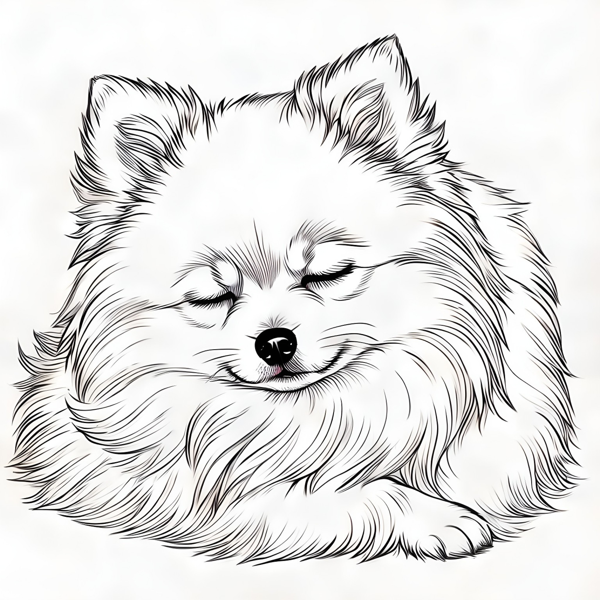 Pomeranian sleeping peacefully Coloring Page (free black-and-white line drawing printable PDF for all, from beginners to advanced learners, including children, teens, adults, and seniors)