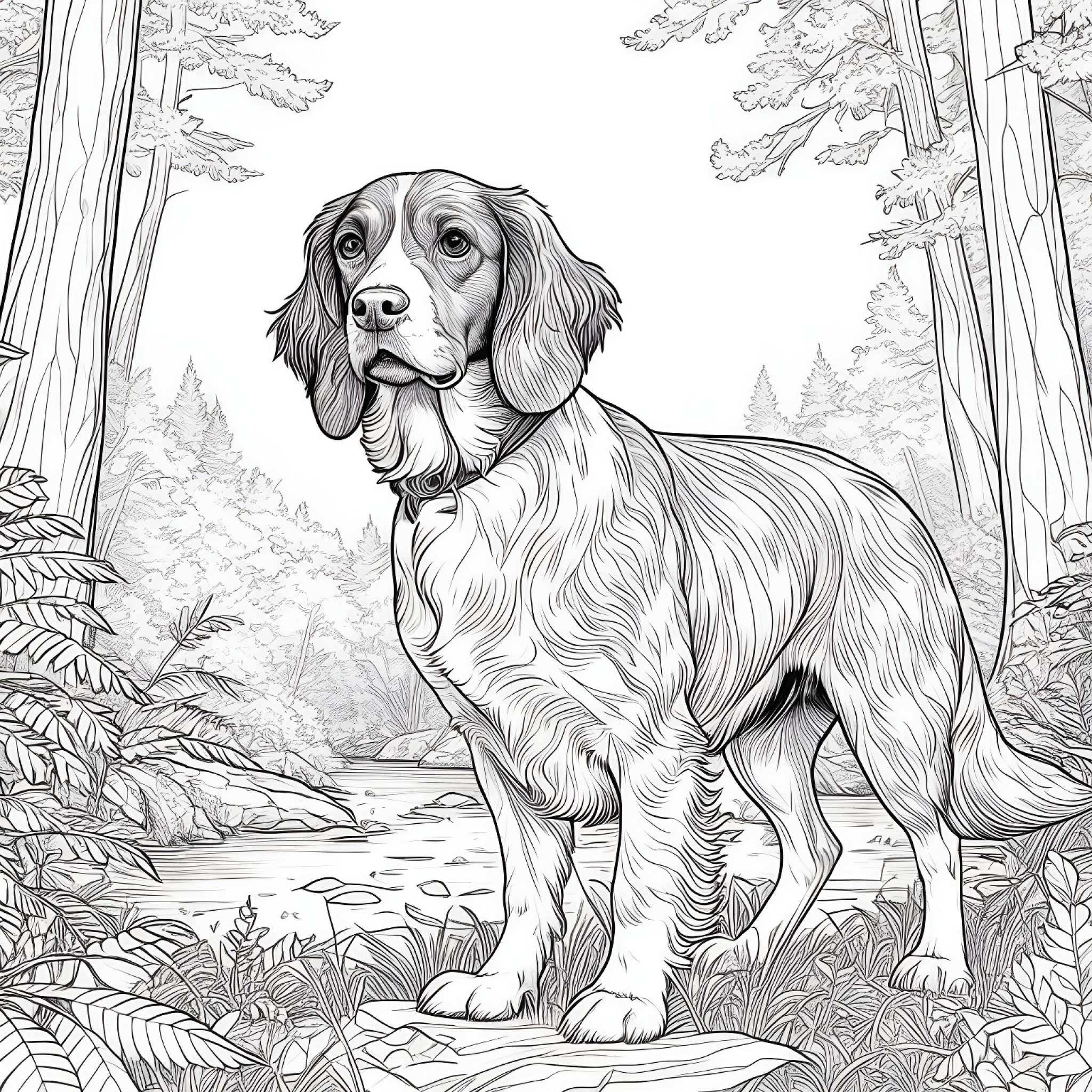 Brittany Spaniel in a forest Coloring Page (free black-and-white line drawing printable PDF for all, from beginners to advanced learners, including children, teens, adults, and seniors)