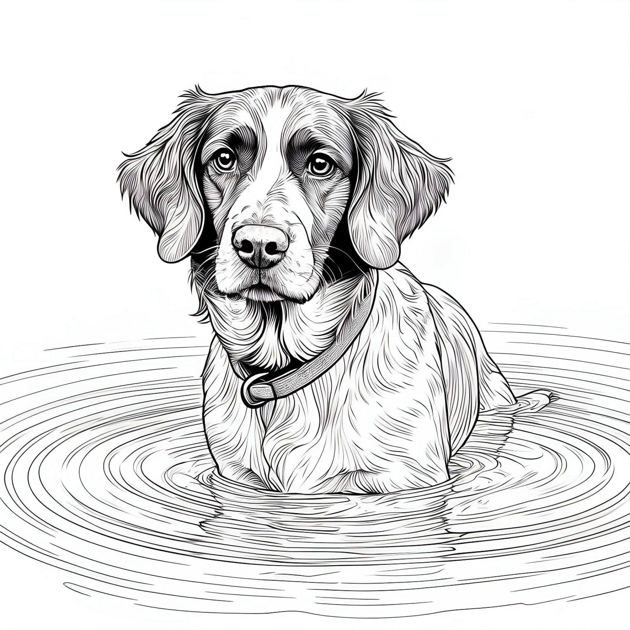 Brittany Spaniel in a puddle Coloring Page (free black-and-white line drawing printable PDF for all, from beginners to advanced learners, including children, teens, adults, and seniors)