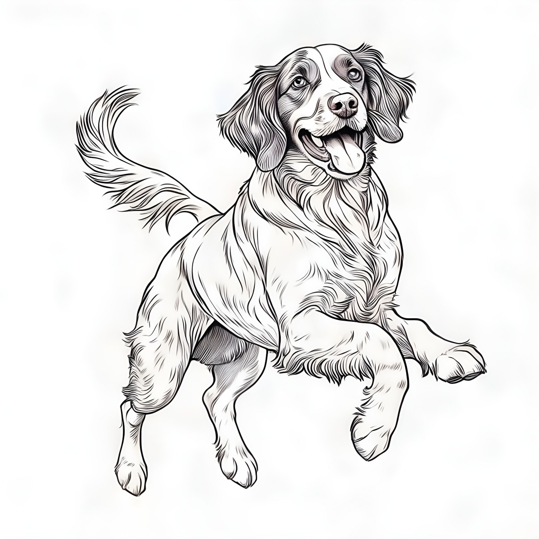 Brittany Spaniel jumping happily Coloring Page (free black-and-white line drawing printable PDF for all, from beginners to advanced learners, including children, teens, adults, and seniors)