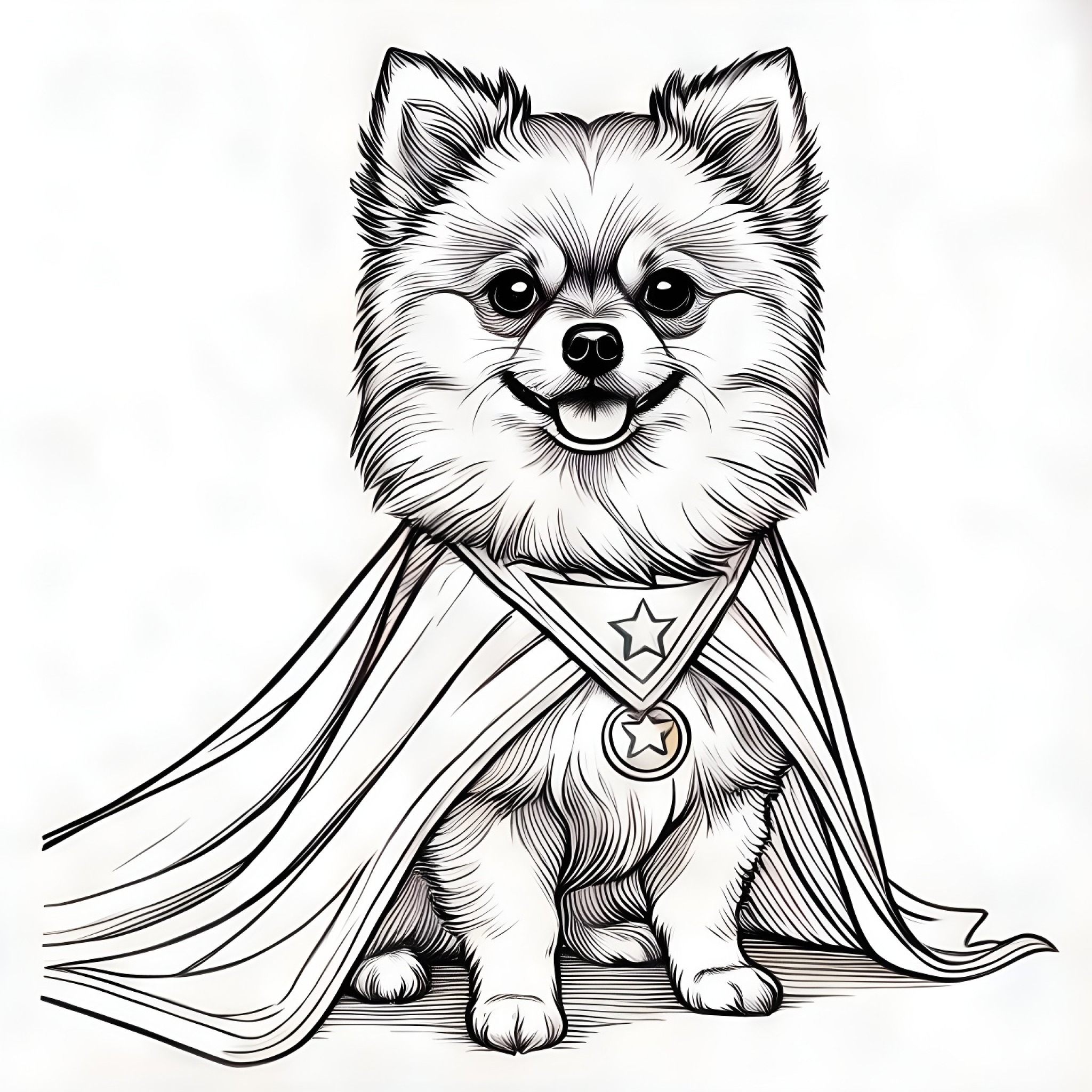 Pomeranian in a superhero cape Coloring Page (free black-and-white line drawing printable PDF for all, from beginners to advanced learners, including children, teens, adults, and seniors)