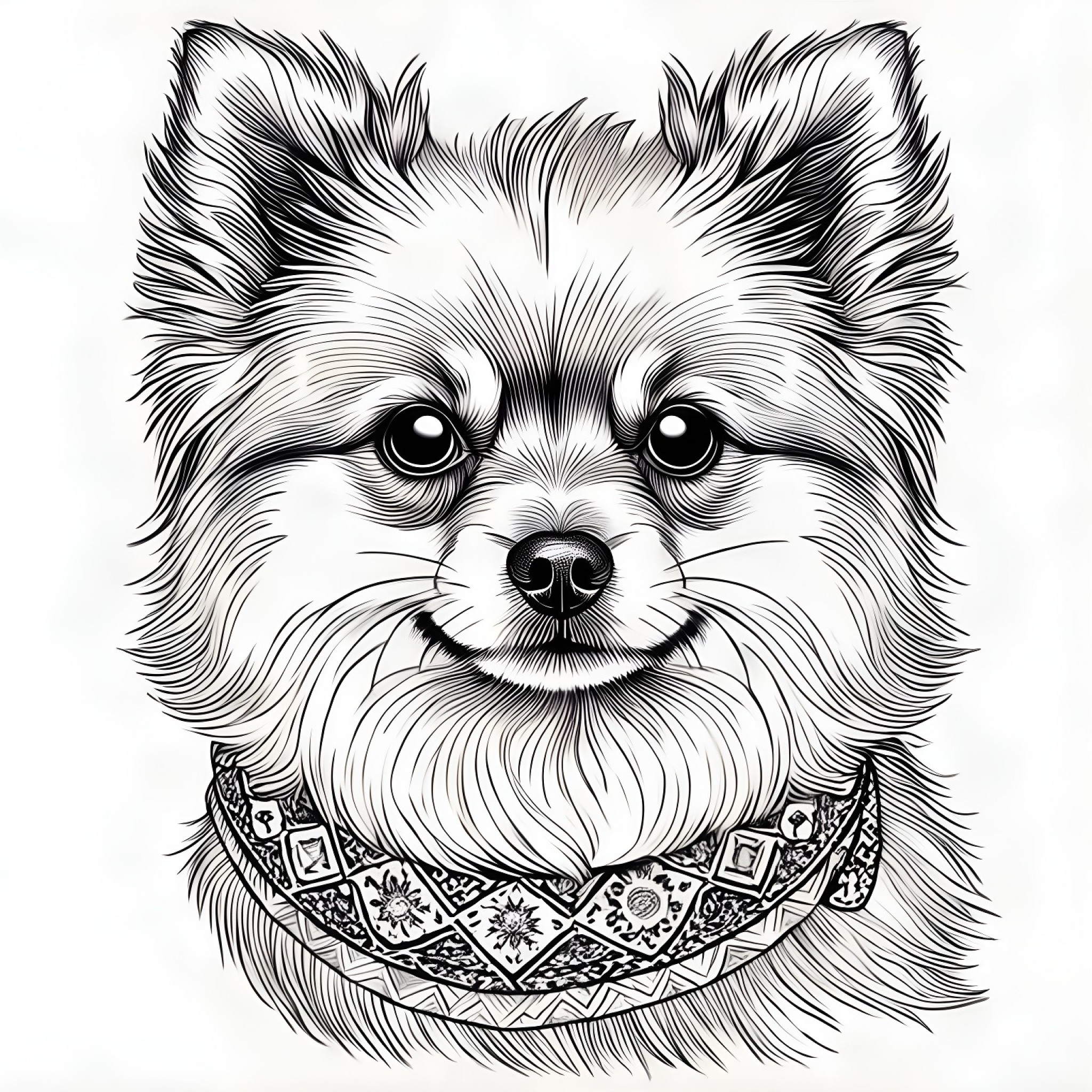 Pomeranian with a bandana Coloring Page (free black-and-white line drawing printable PDF for all, from beginners to advanced learners, including children, teens, adults, and seniors)