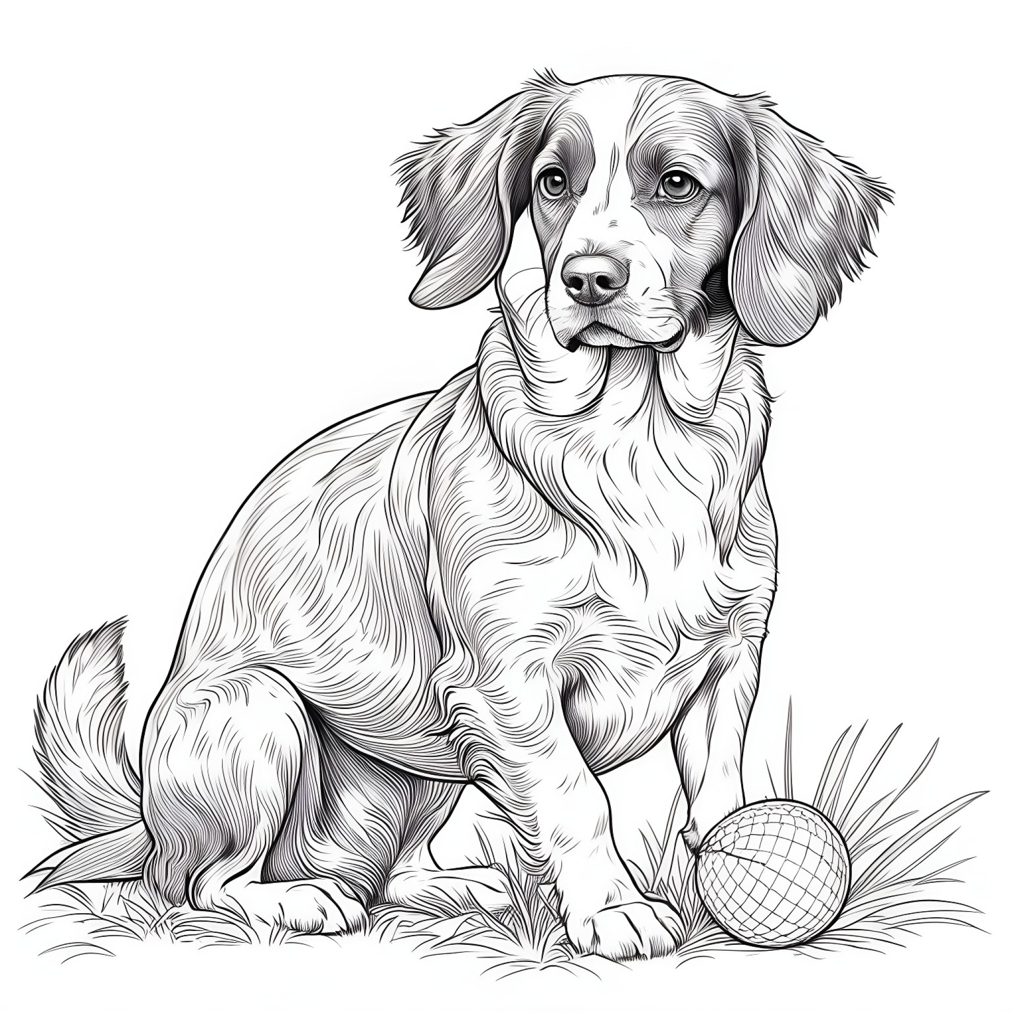 Brittany Spaniel with a squirrel Coloring Page (free black-and-white line drawing printable PDF for all, from beginners to advanced learners, including children, teens, adults, and seniors)