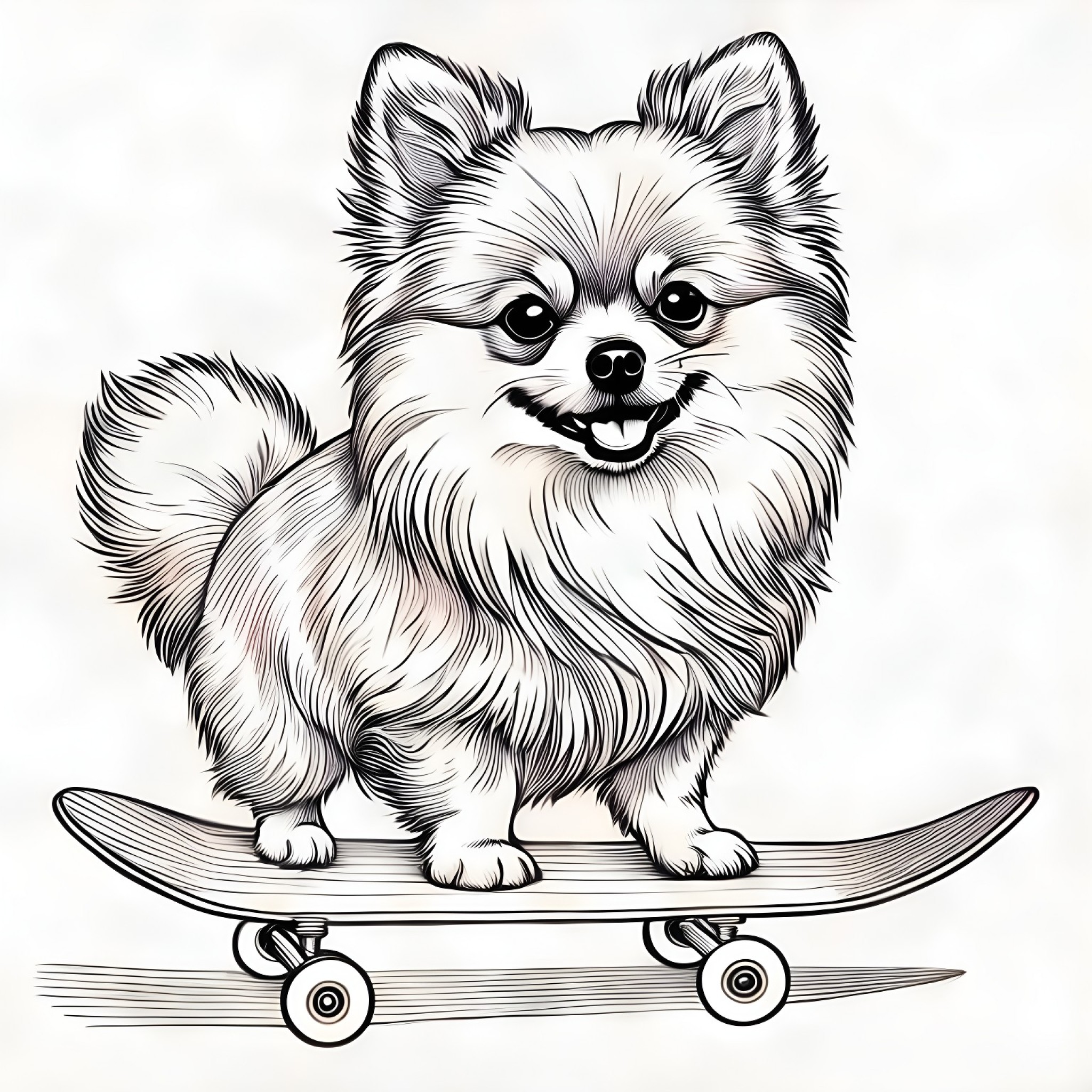 Pomeranian riding a skateboard Coloring Page (free black-and-white line drawing printable PDF for all, from beginners to advanced learners, including children, teens, adults, and seniors)