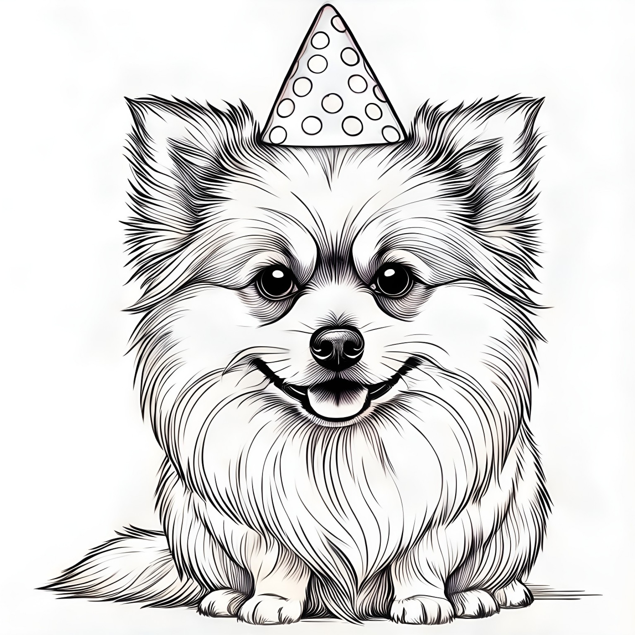 Pomeranian with a birthday hat Coloring Page (free black-and-white line drawing printable PDF for all, from beginners to advanced learners, including children, teens, adults, and seniors)