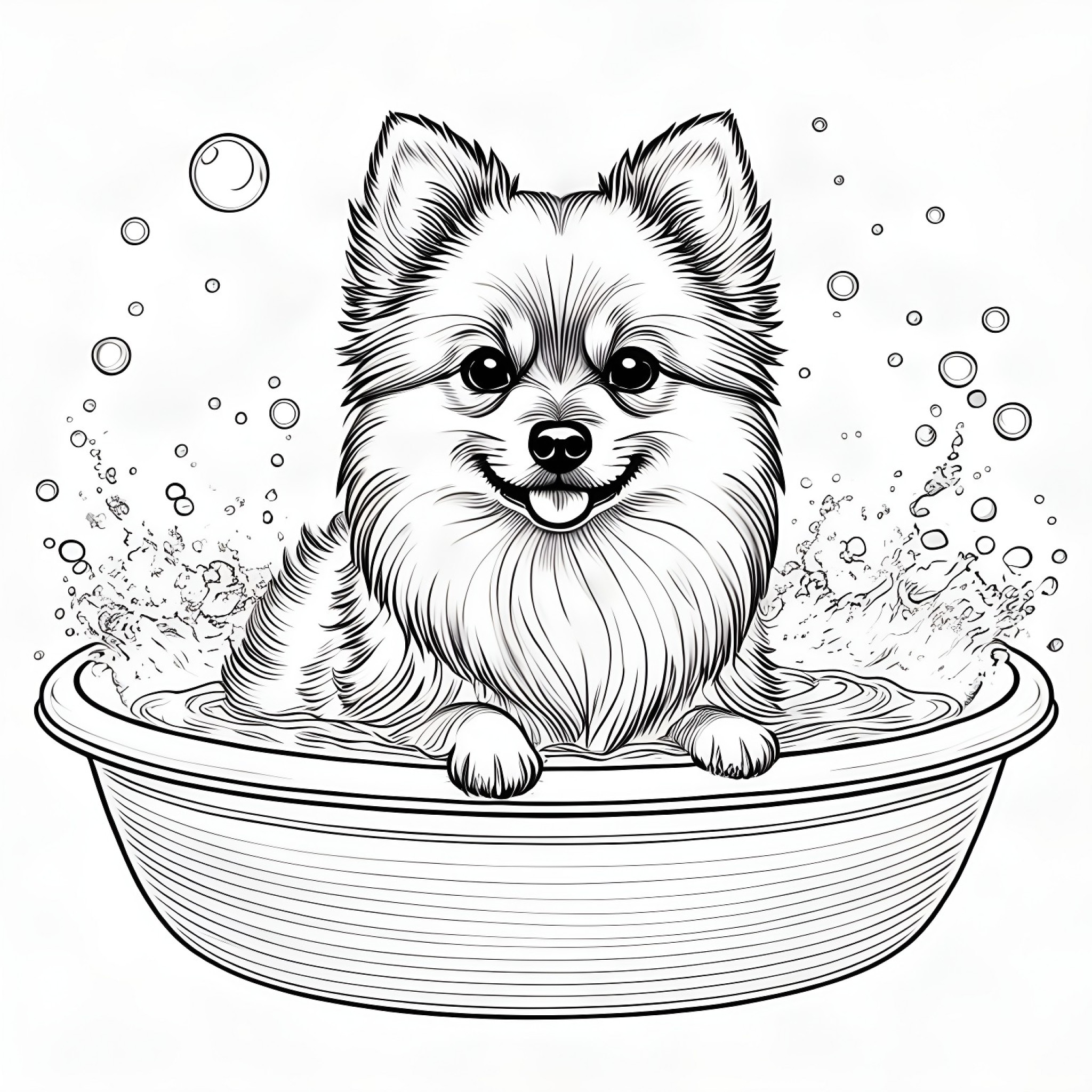 Pomeranian in a bubble bath Coloring Page (free black-and-white line drawing printable PDF for all, from beginners to advanced learners, including children, teens, adults, and seniors)