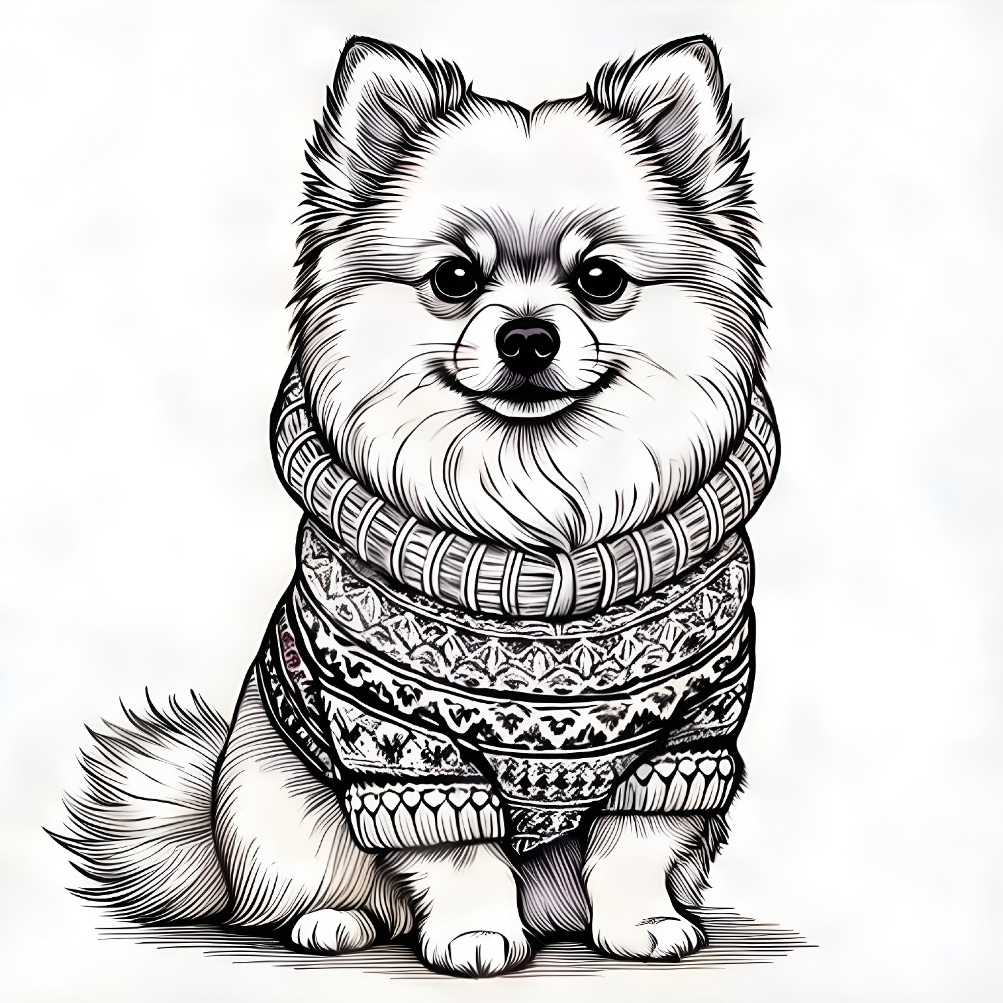 Pomeranian in a winter sweater Coloring Page (free black-and-white line drawing printable PDF for all, from beginners to advanced learners, including children, teens, adults, and seniors)