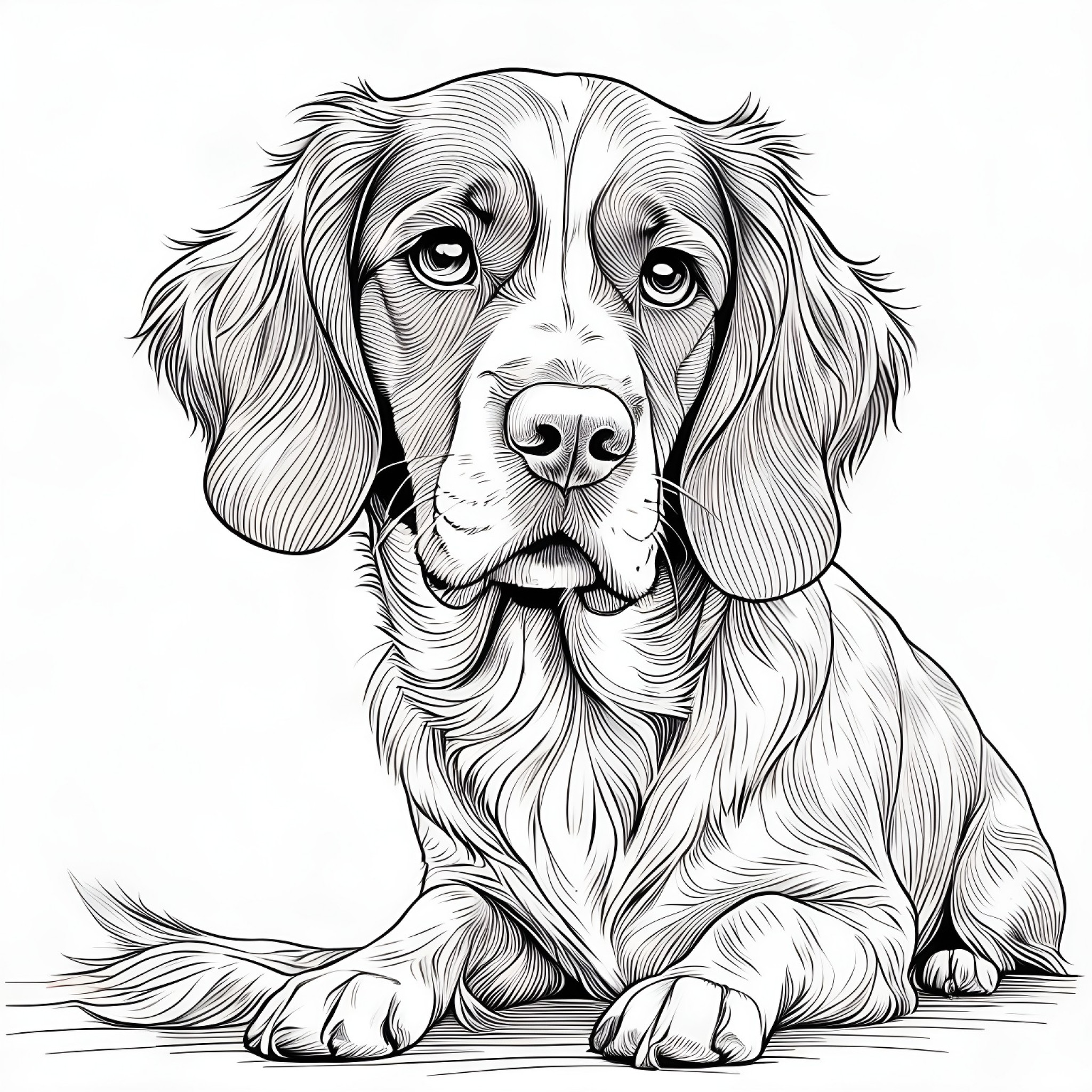 Brittany Spaniel at the vet Coloring Page (free black-and-white line drawing printable PDF for all, from beginners to advanced learners, including children, teens, adults, and seniors)